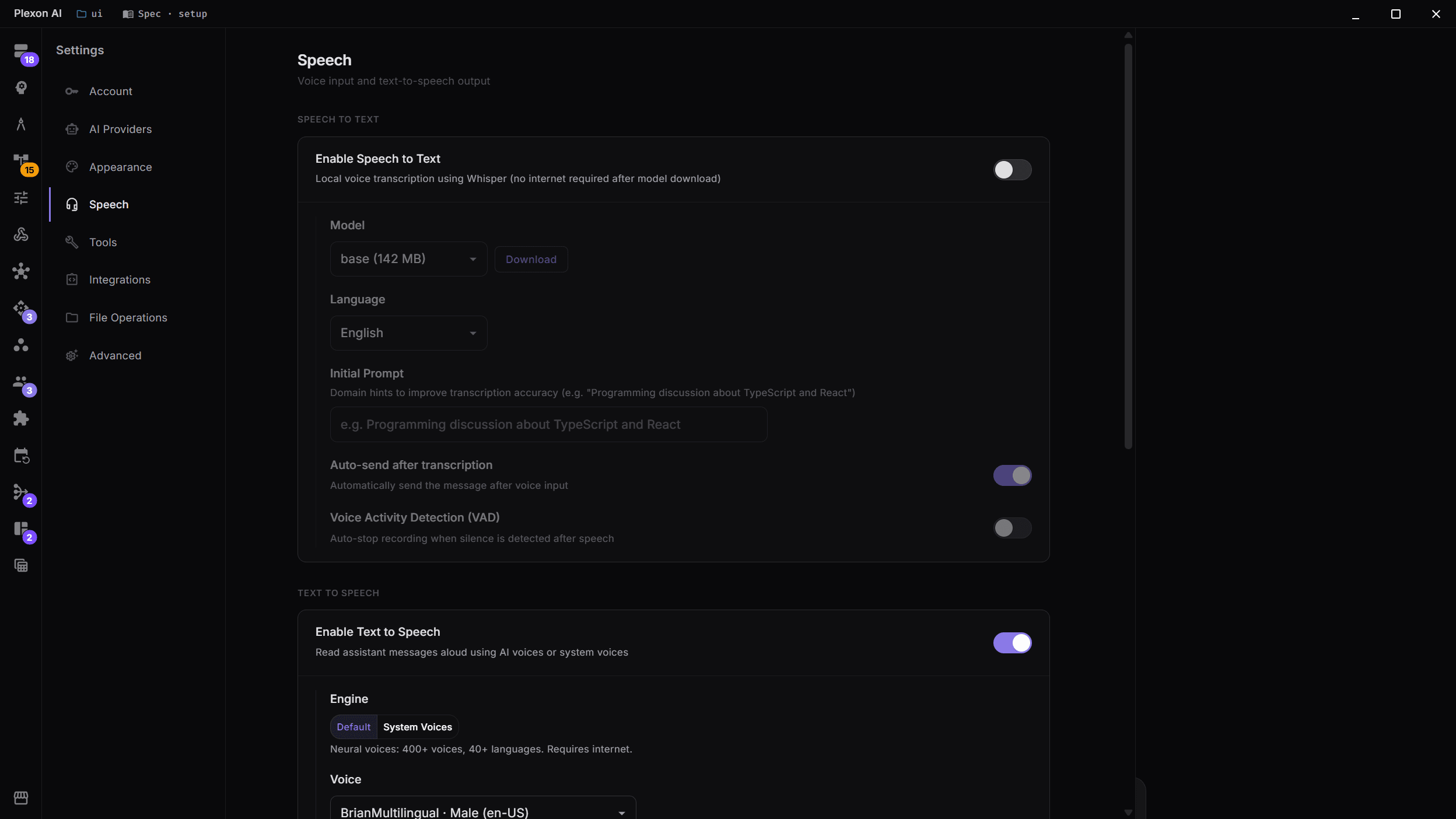 Speech to Text settings on the Speech tab