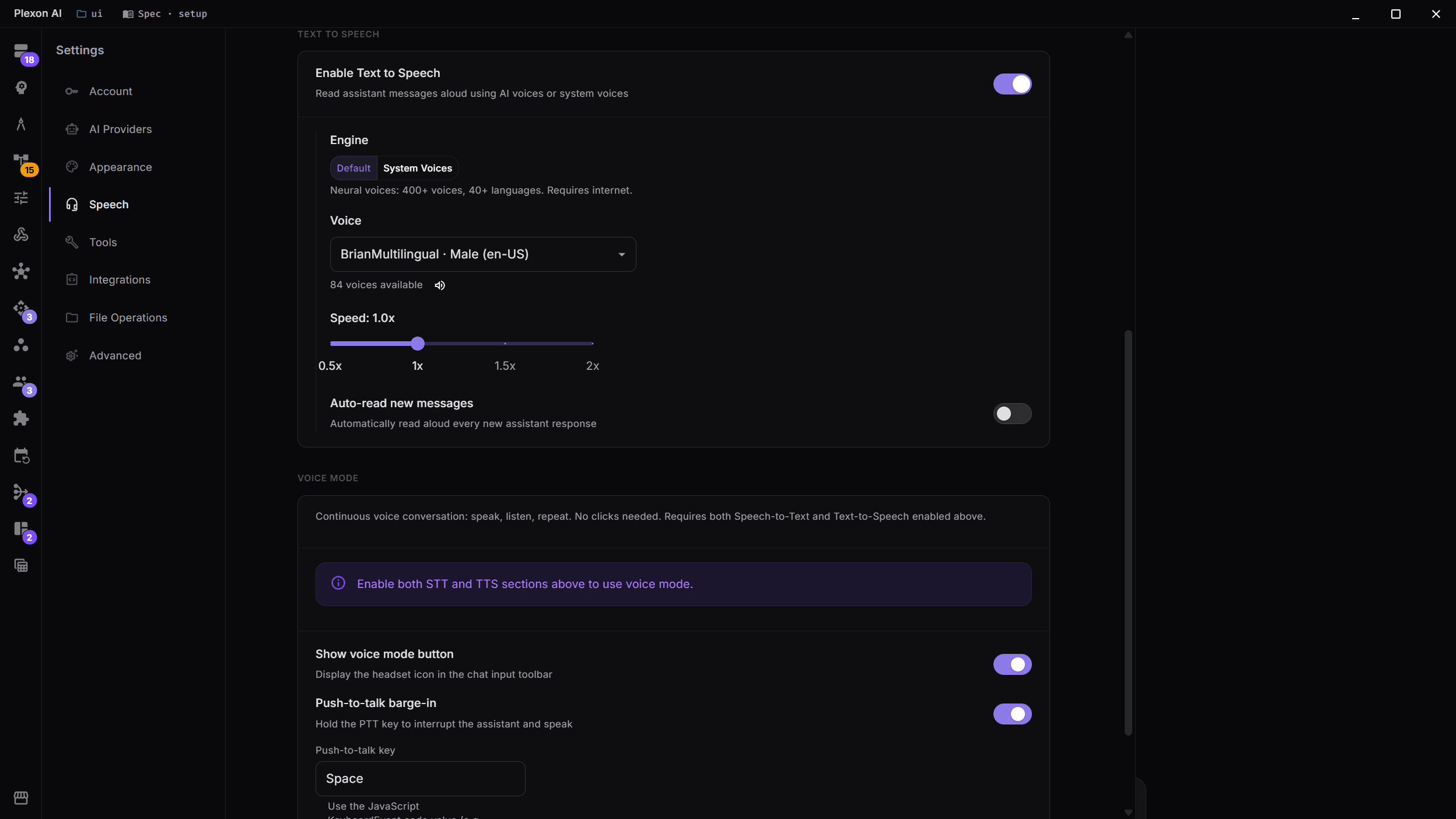 Text to Speech settings on the Speech tab