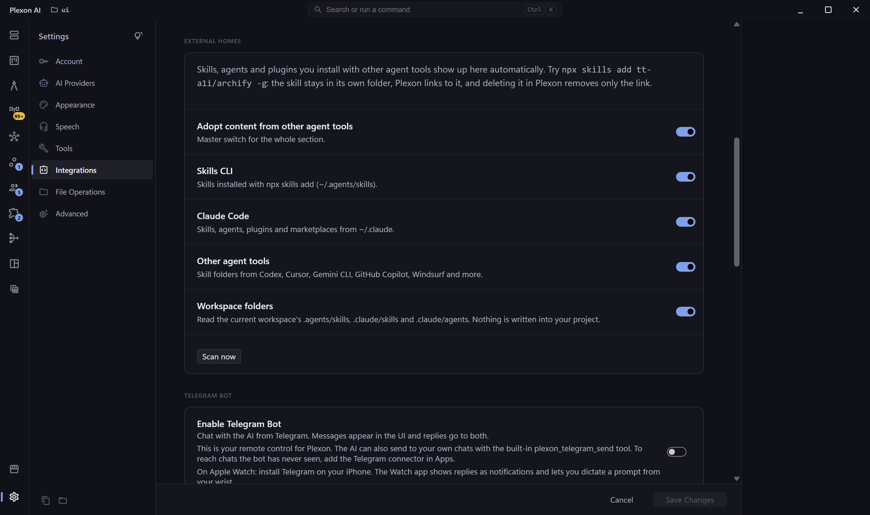 The External homes section in Settings: separate switches for skills and agents installed by the skills CLI, by Claude Code, by other agent tools, and in the current workspace folders.
