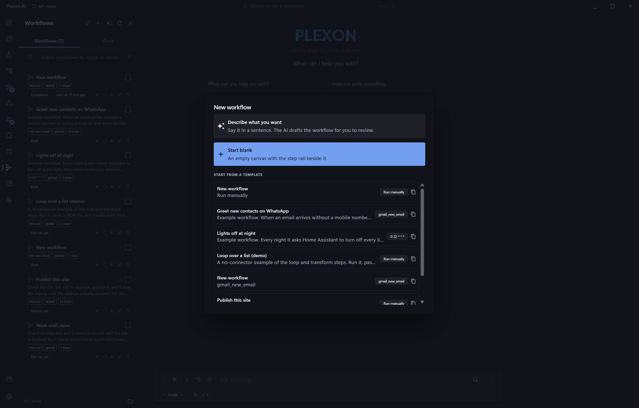 The New workflow dialog offering three ways to start: describe it in chat and let the AI draft it, copy an existing workflow as a template, or start from an empty canvas.