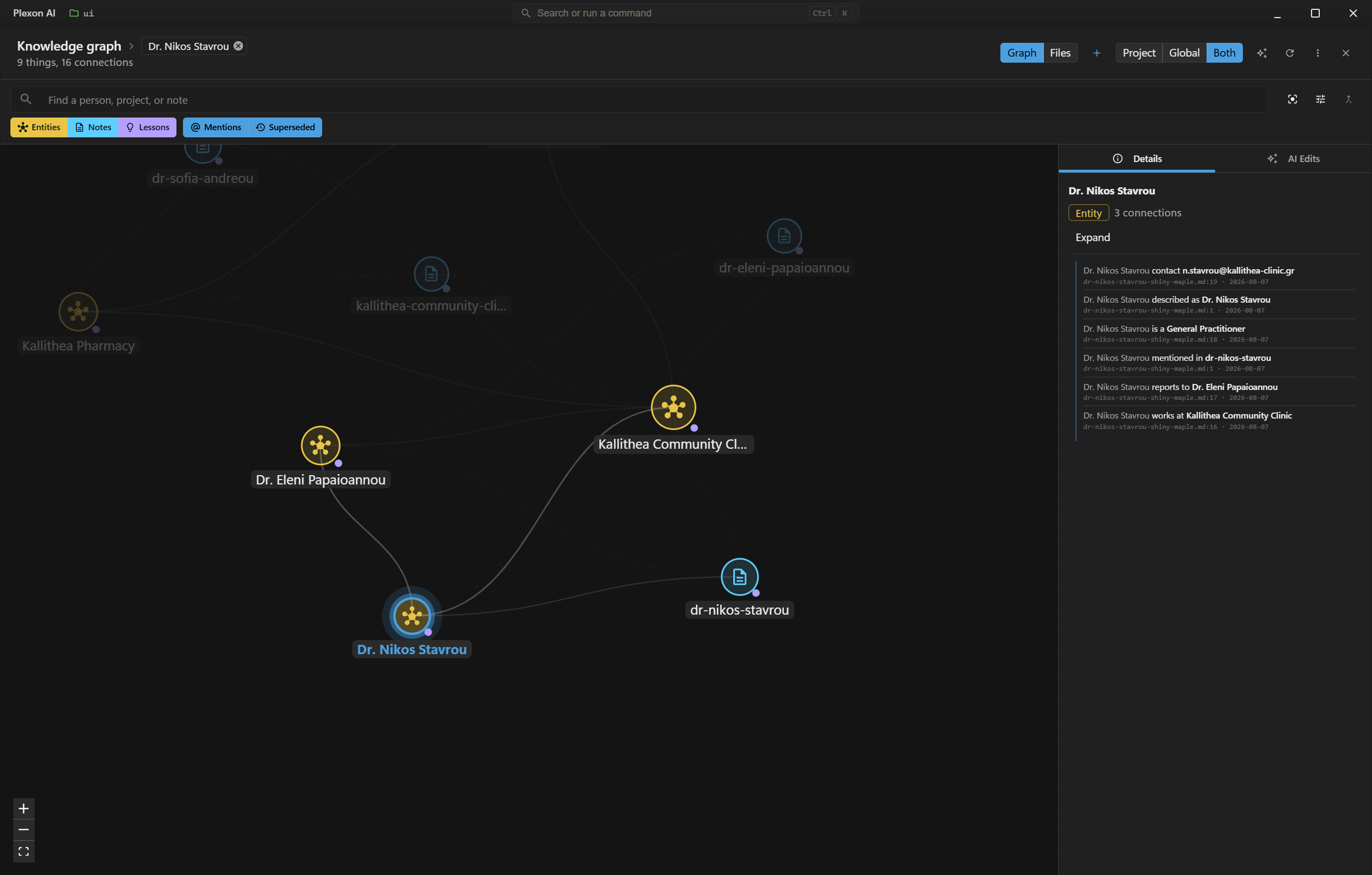 The knowledge graph over a sample clinic dataset, narrowed to one doctor and the clinic, pharmacy and notes around them: entities and notes drawn as their own kinds of node and joined by the relations the notes state, with a Back to full graph button beside the title, a Graph and Files toggle in the header and filter chips coloured to match each kind