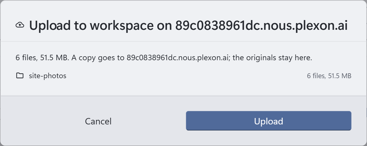 Upload to workspace: 6 files, 51.5 MB, a copy goes to the runner and the originals stay on this computer