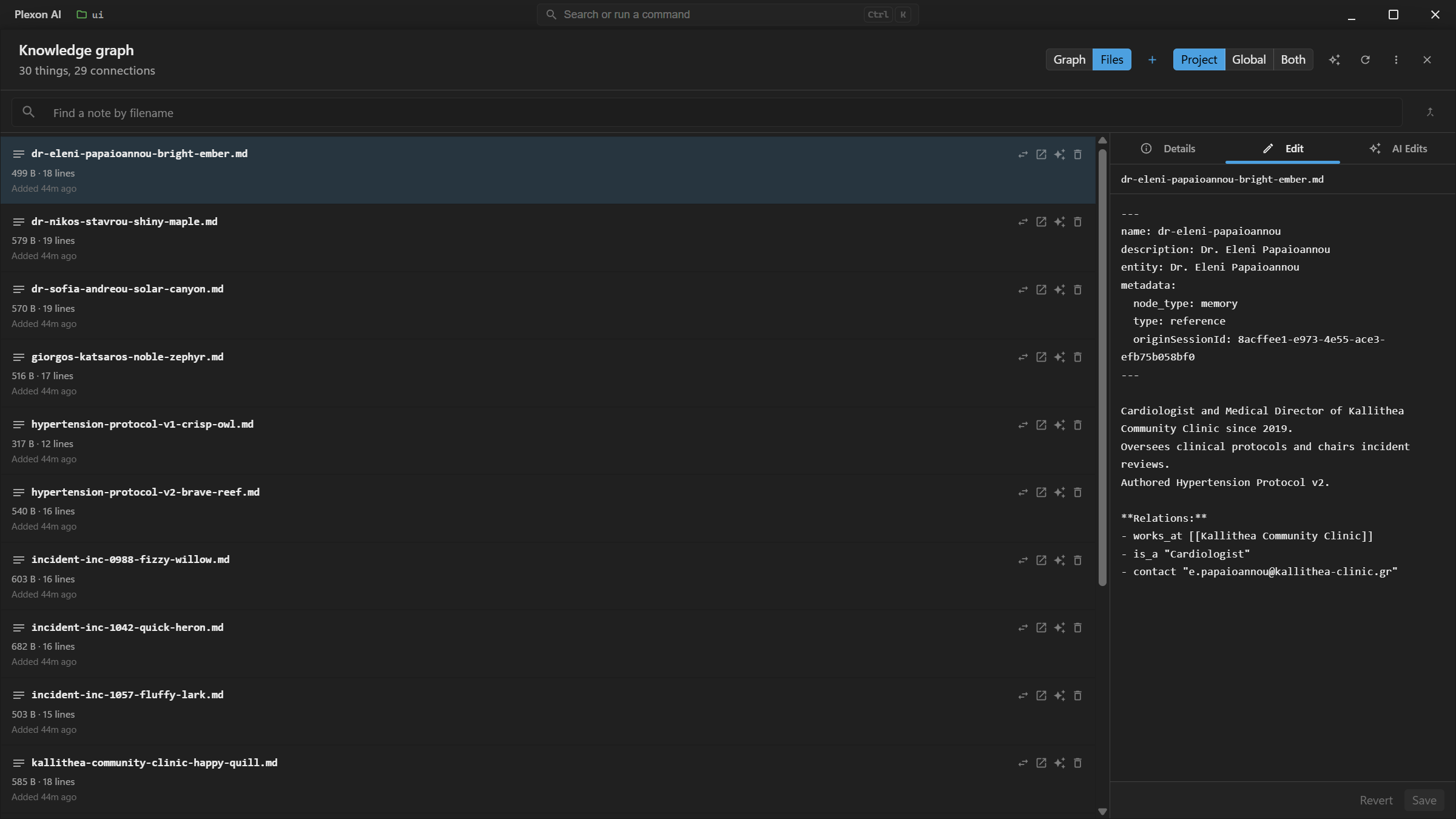 The Edit tab open on a note: YAML frontmatter with name, description, entity and metadata, then a short paragraph about the doctor, and a Relations block listing works at, is a, and contact, with Revert and Save buttons at the bottom