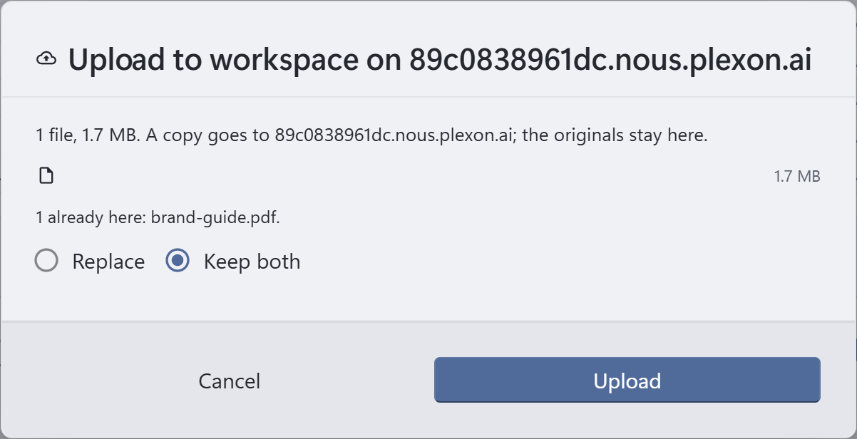 Upload dialog: 1 already here, brand-guide.pdf, with Replace or Keep both