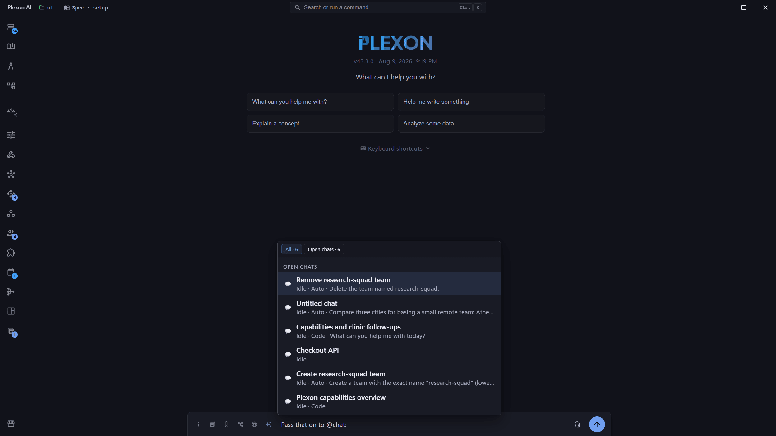 The @chat: picker listing two open chats, each marked idle, above the message box