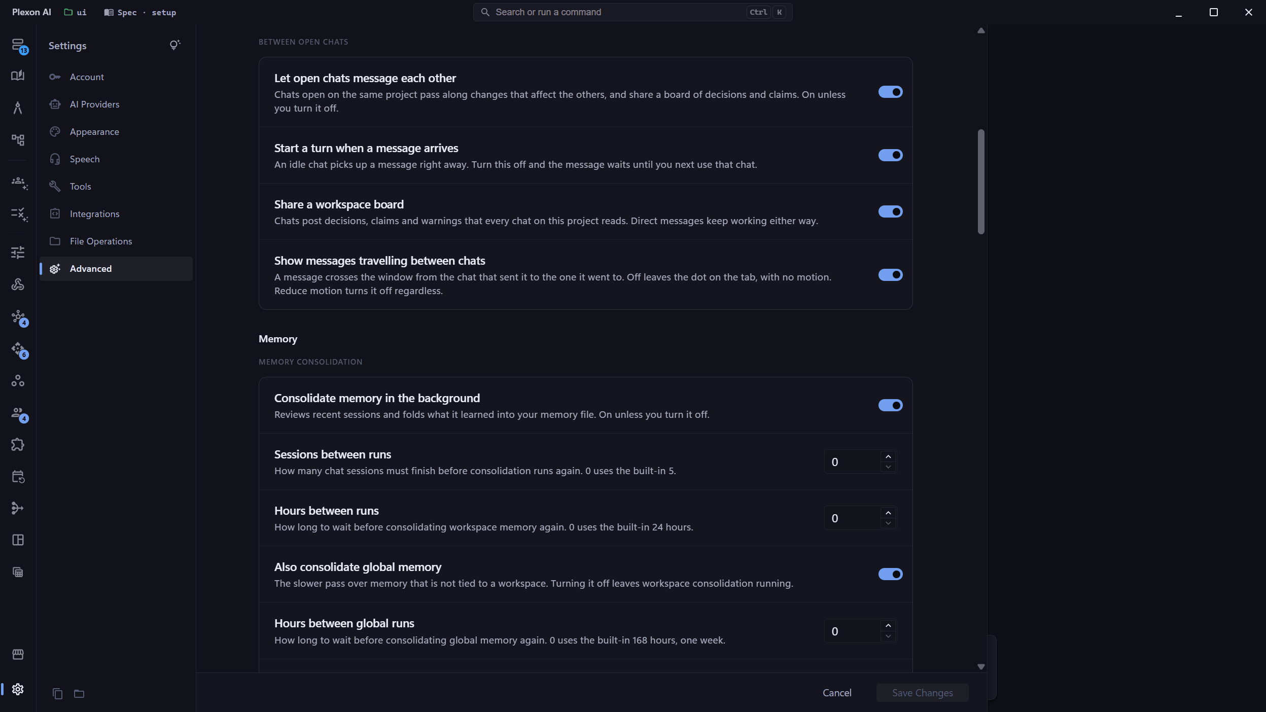 Settings, Advanced, showing the four Between open chats switches, all on