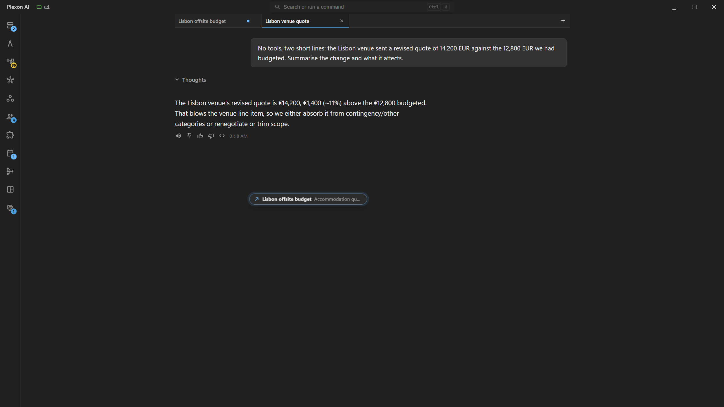 A message card in mid-flight across the window, reading "Lisbon offsite budget, Accommodation qu...", on its way to the Lisbon offsite budget tab which already shows an unread dot