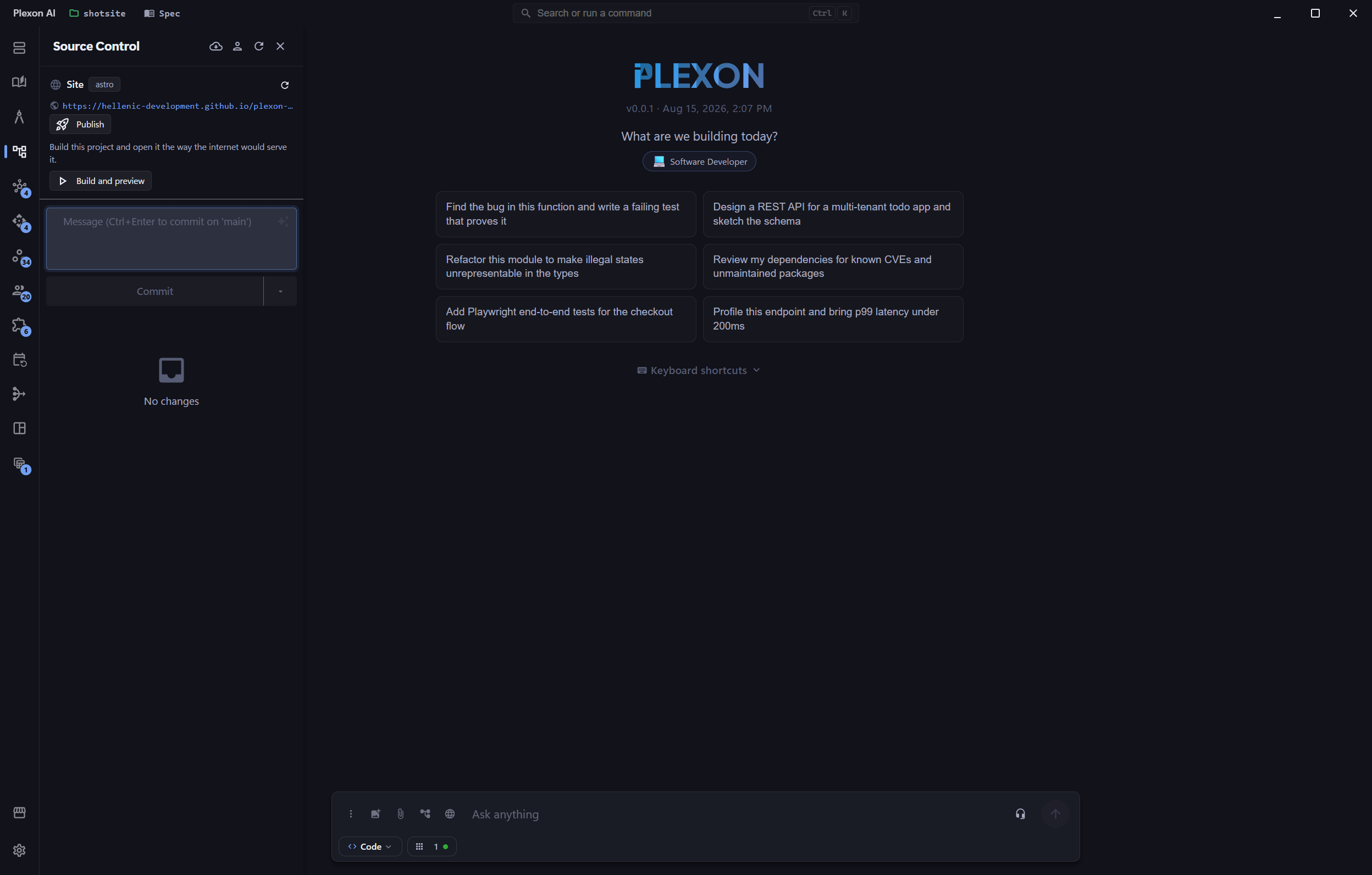 The Site section in the Source Control panel, showing a published site with its live address and a Publish button