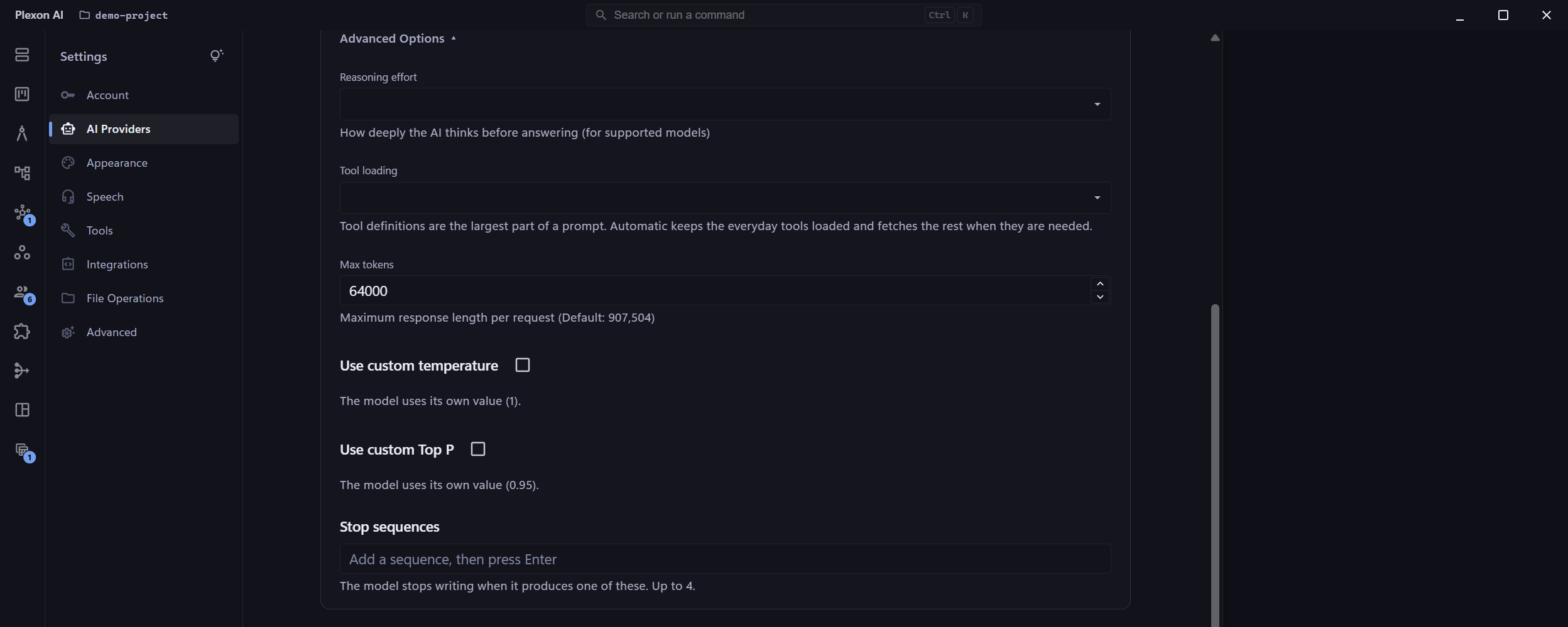 Advanced Options under AI Providers: reasoning effort, tool loading with the note that tool definitions are the largest part of a prompt, max tokens at 64000, unchecked custom temperature and Top P boxes, and a stop sequences field that takes up to four.