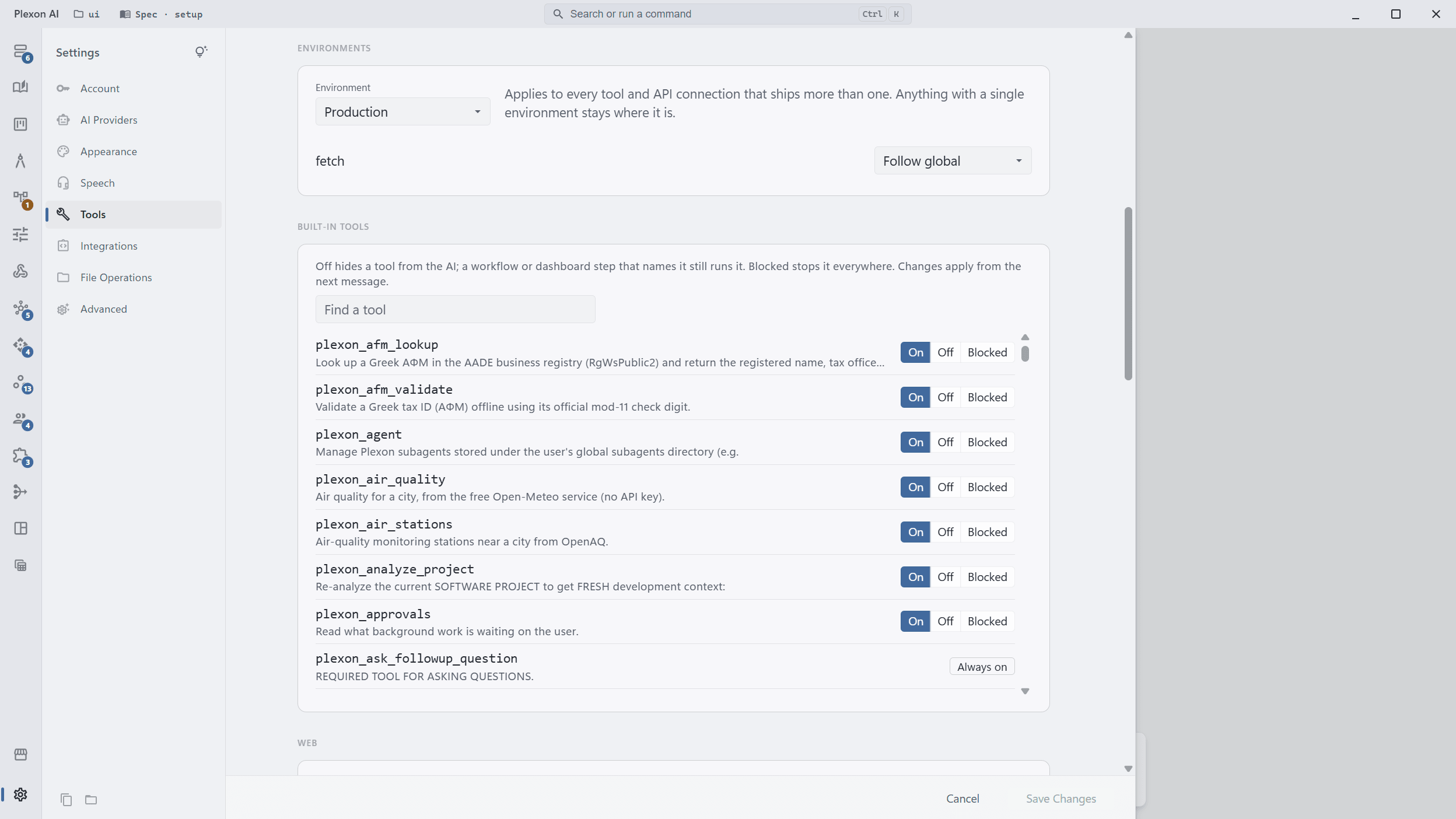 The Tools tab with the Environments section on top: an environment picker set to Production that applies to every tool and connection shipping more than one, then the built-in tools list with On, Off and Blocked per tool and the note that Off hides a tool from the AI while Blocked stops it everywhere.