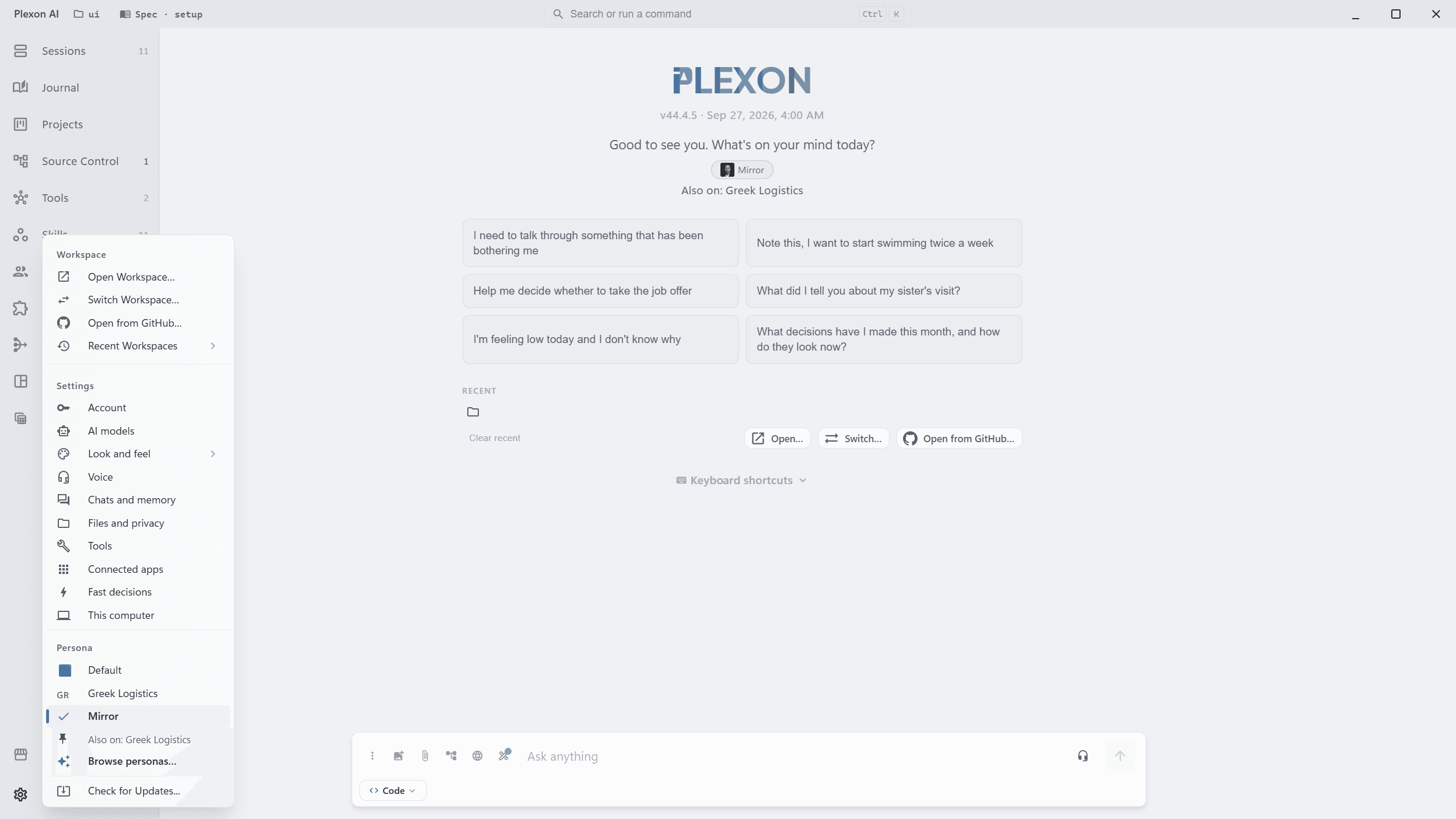 The Settings menu open over the chat. Its Persona section lists Default, Greek Logistics and Mirror, with Mirror checked as the active persona, an Also on line naming Greek Logistics as pinned, and a Browse personas link. Behind the menu the welcome screen shows the Mirror chip and the same Also on line.