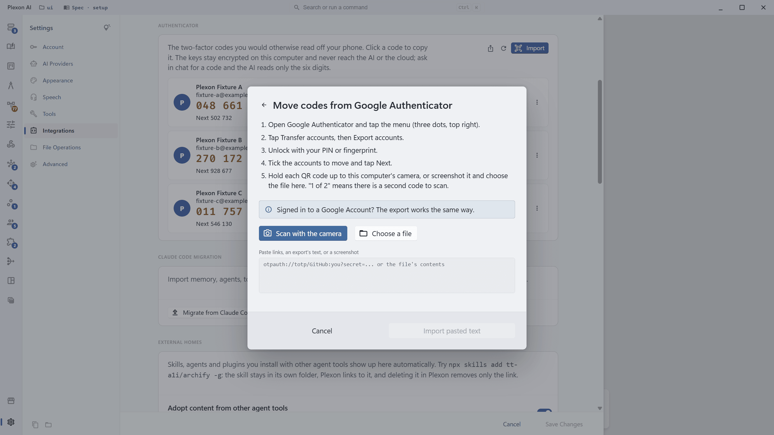The import wizard on the Google Authenticator page, with the export steps and a Scan with the camera button