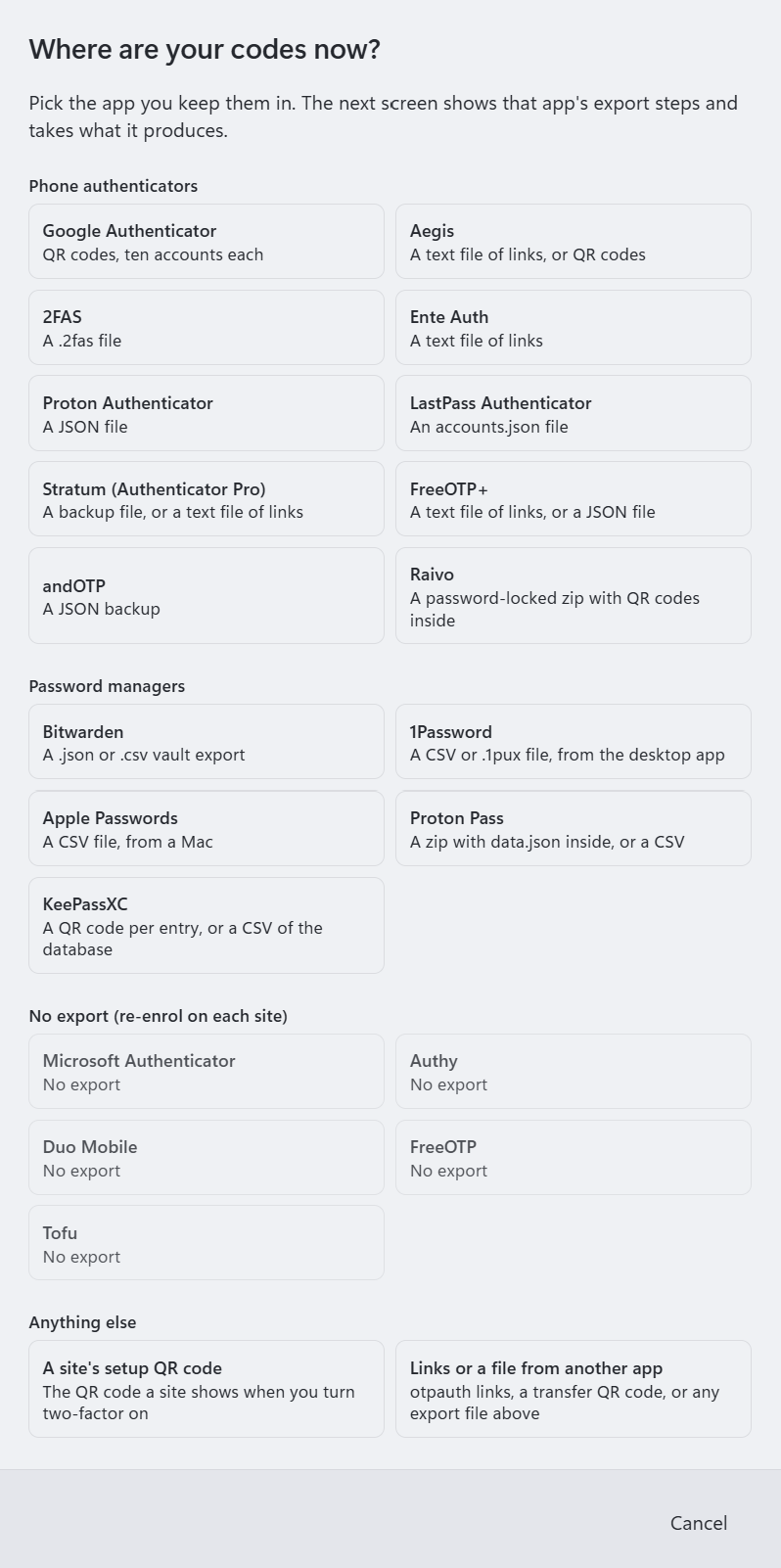 The import wizard's first screen: twenty source cards grouped as phone authenticators, password managers, apps with no export, and anything else