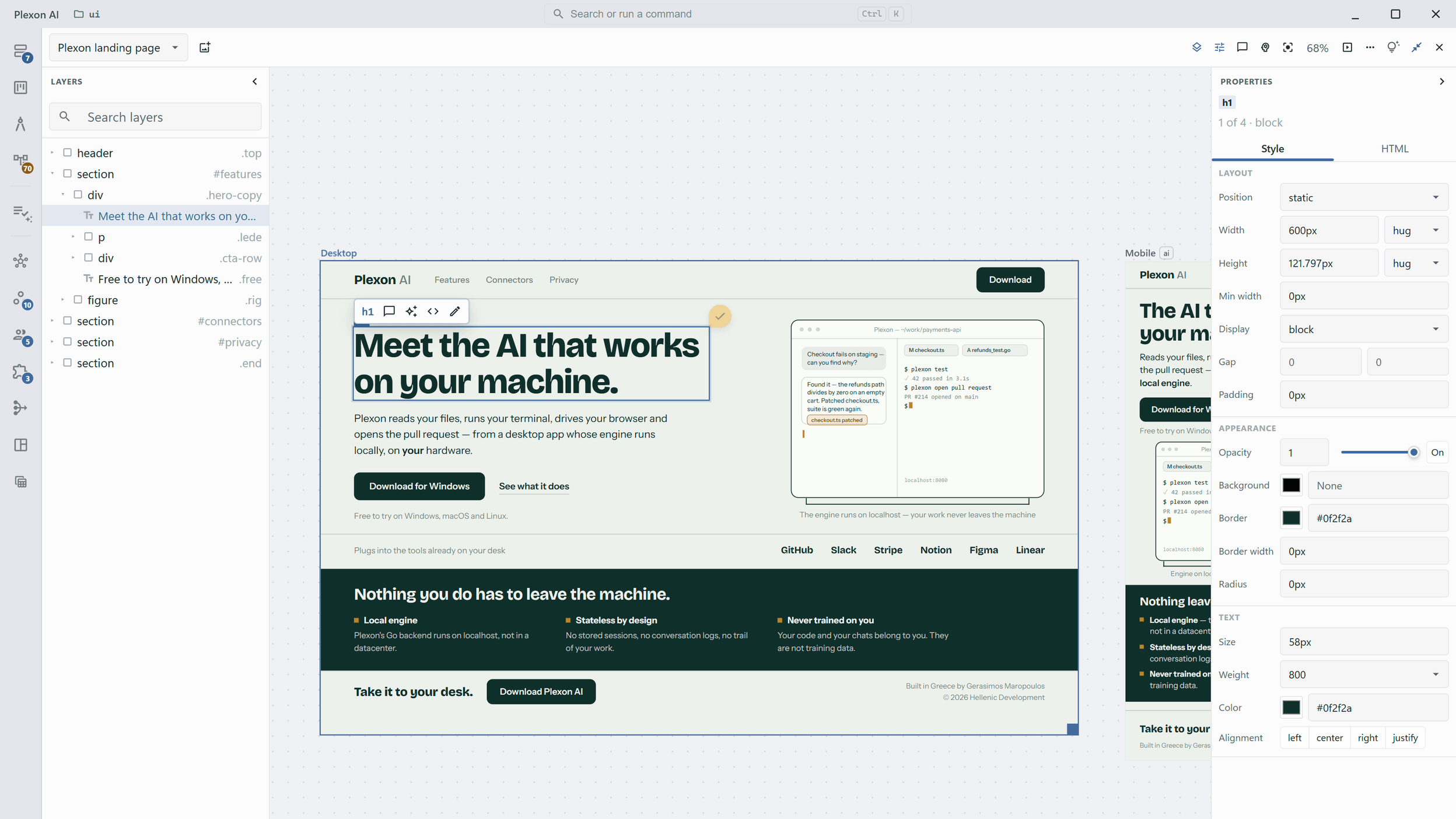 The design canvas filling the window: the Layers tree on the left, a desktop and a mobile frame on the board, the selected heading outlined with its small element toolbar, and the Properties panel on the right