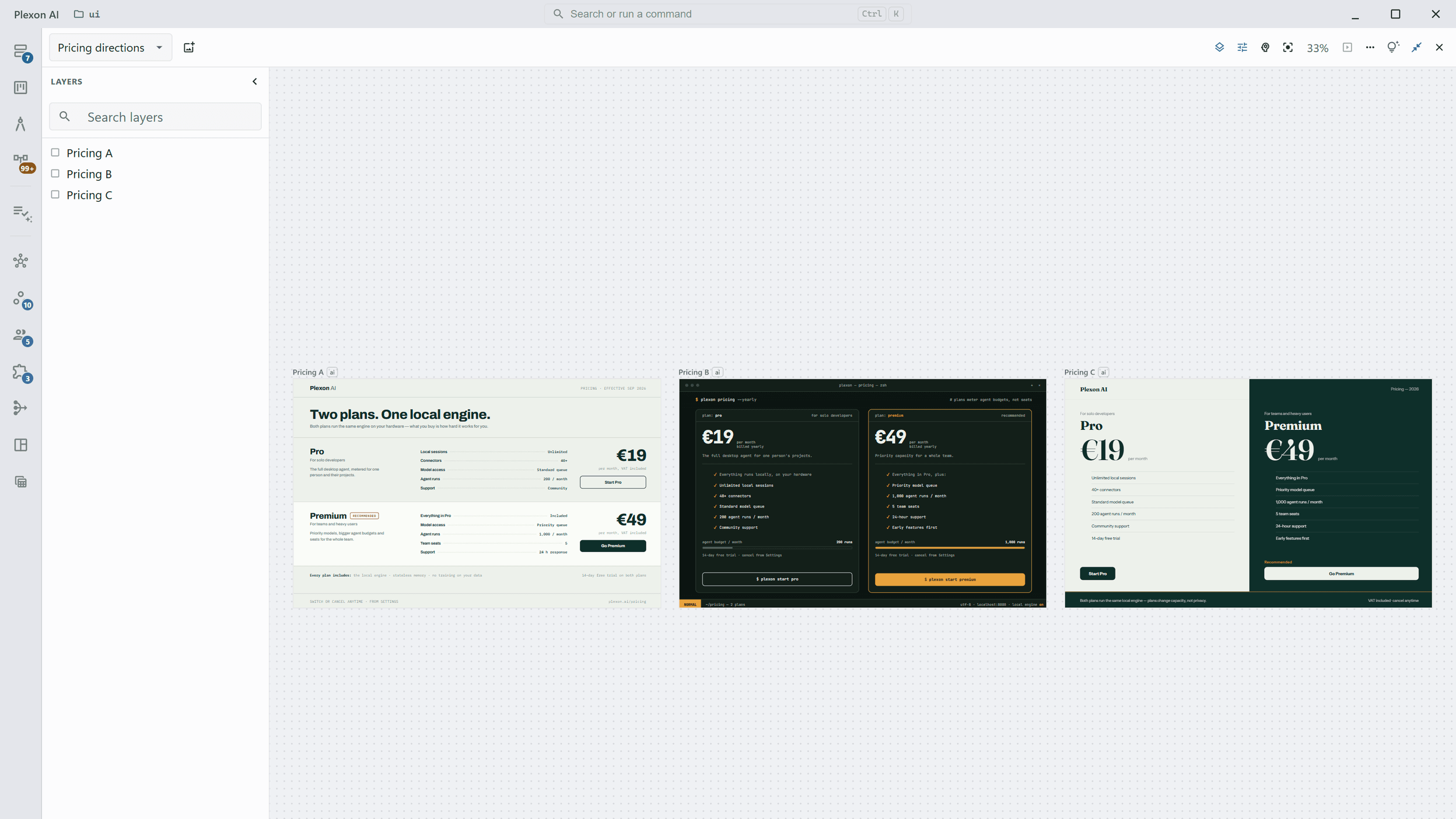 Three pricing page directions side by side on one board, each a full 1280 by 800 frame, with the Layers panel listing Pricing A, Pricing B and Pricing C