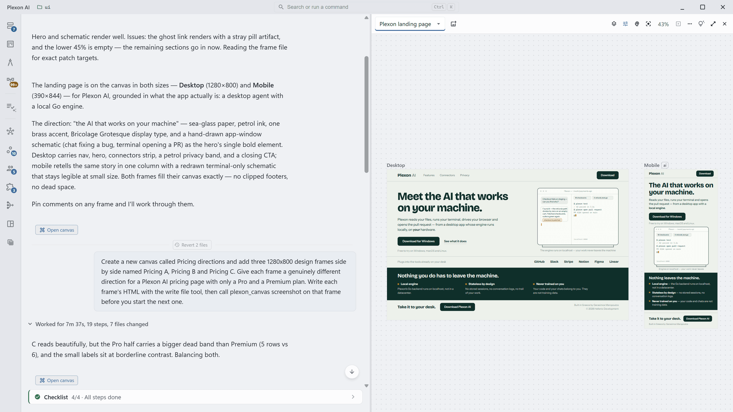 The chat on the left with an Open canvas chip under a reply, and the same board on the right showing the desktop and mobile frames