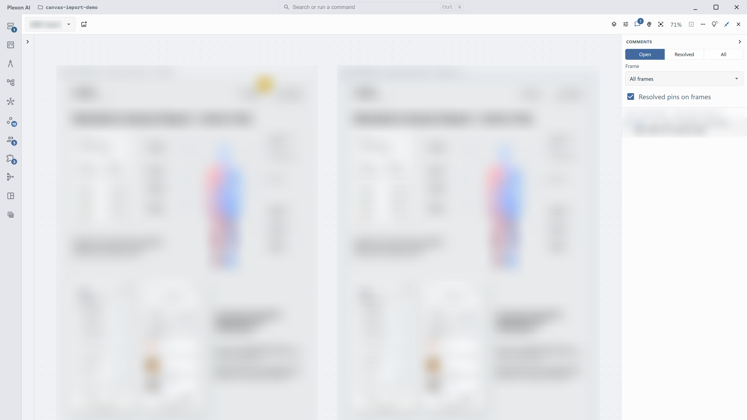 The design canvas holding two imported pages of a PDF report side by side, a comment pinned on a name at the top of the first page, and the Comments panel listing that thread