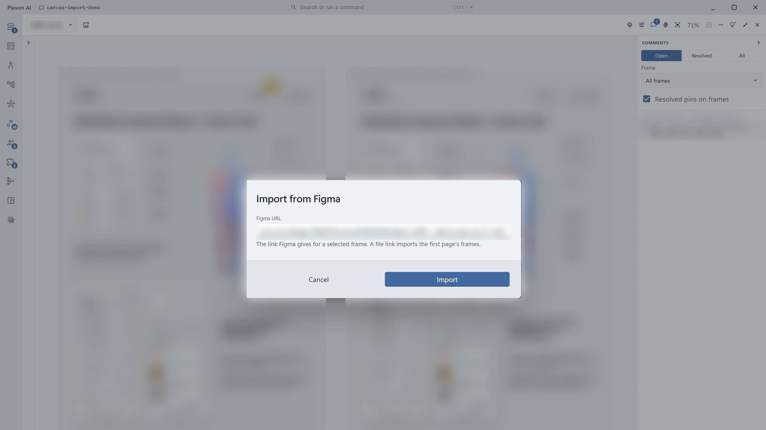 The Import from Figma dialog over the board, with a Figma frame link pasted in and the Import button ready