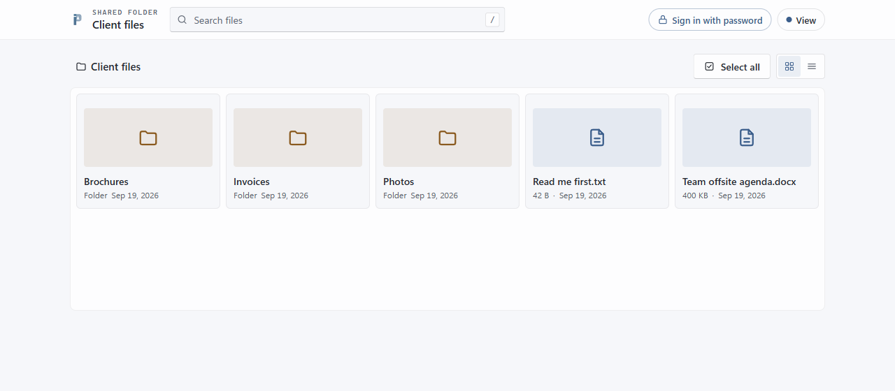 The shared folder page a visitor opens: a search box, the folder name, and the files as a grid of cards, with Sign in with password and the current access level in the top right