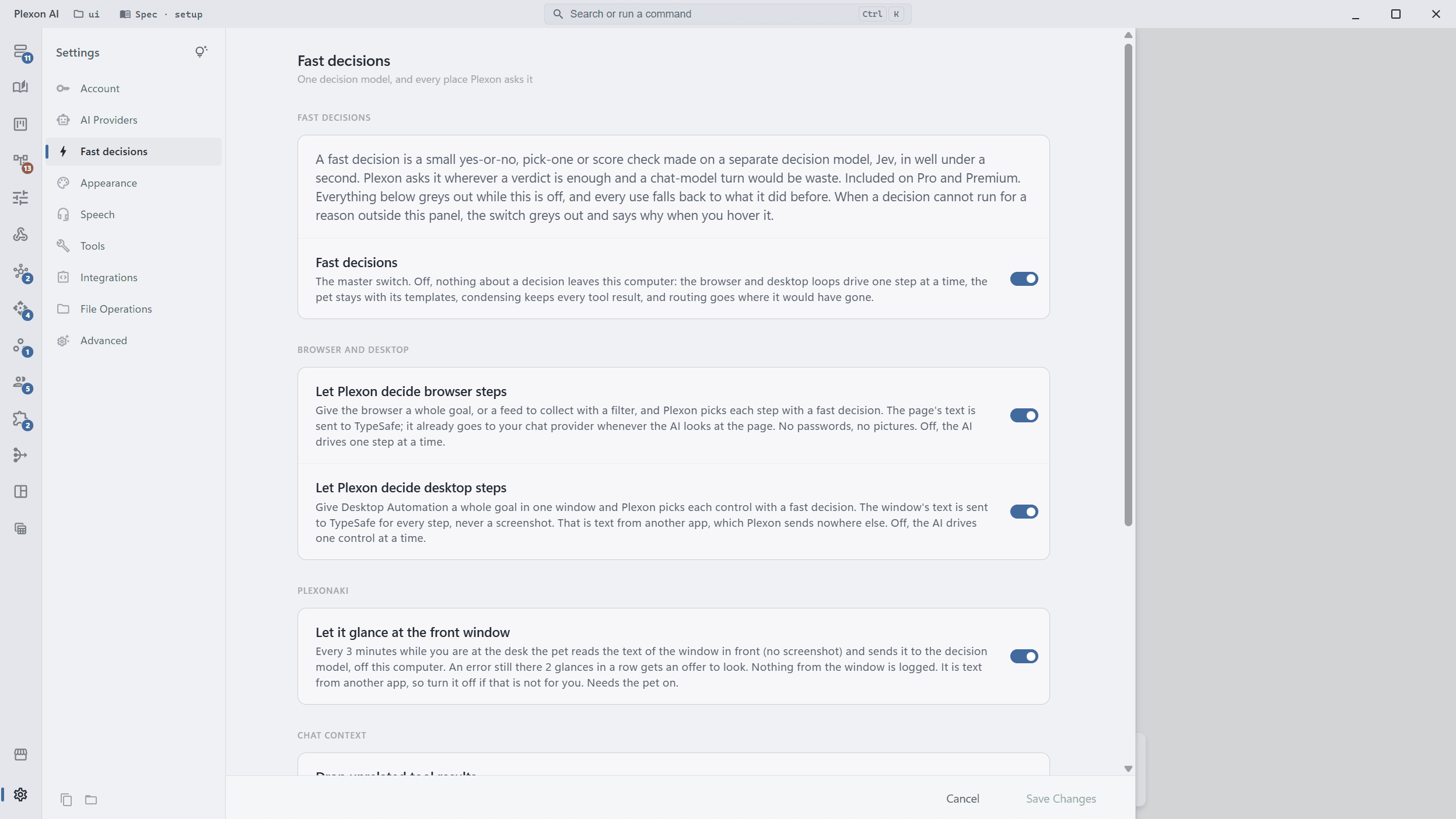 Settings, Fast decisions: the master switch, then the browser and desktop switches