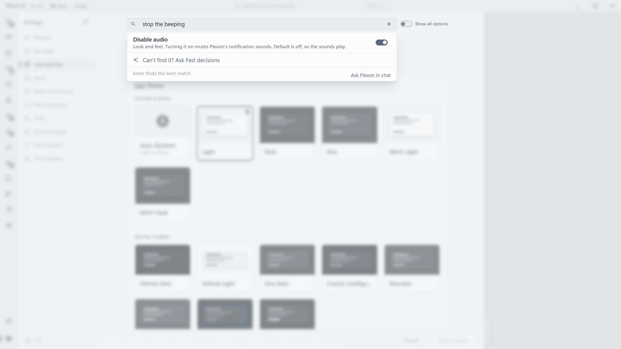 The Settings search box with "stop the beeping" typed in, listing matching settings with their page names; Disable audio leads, with its switch right in the result.