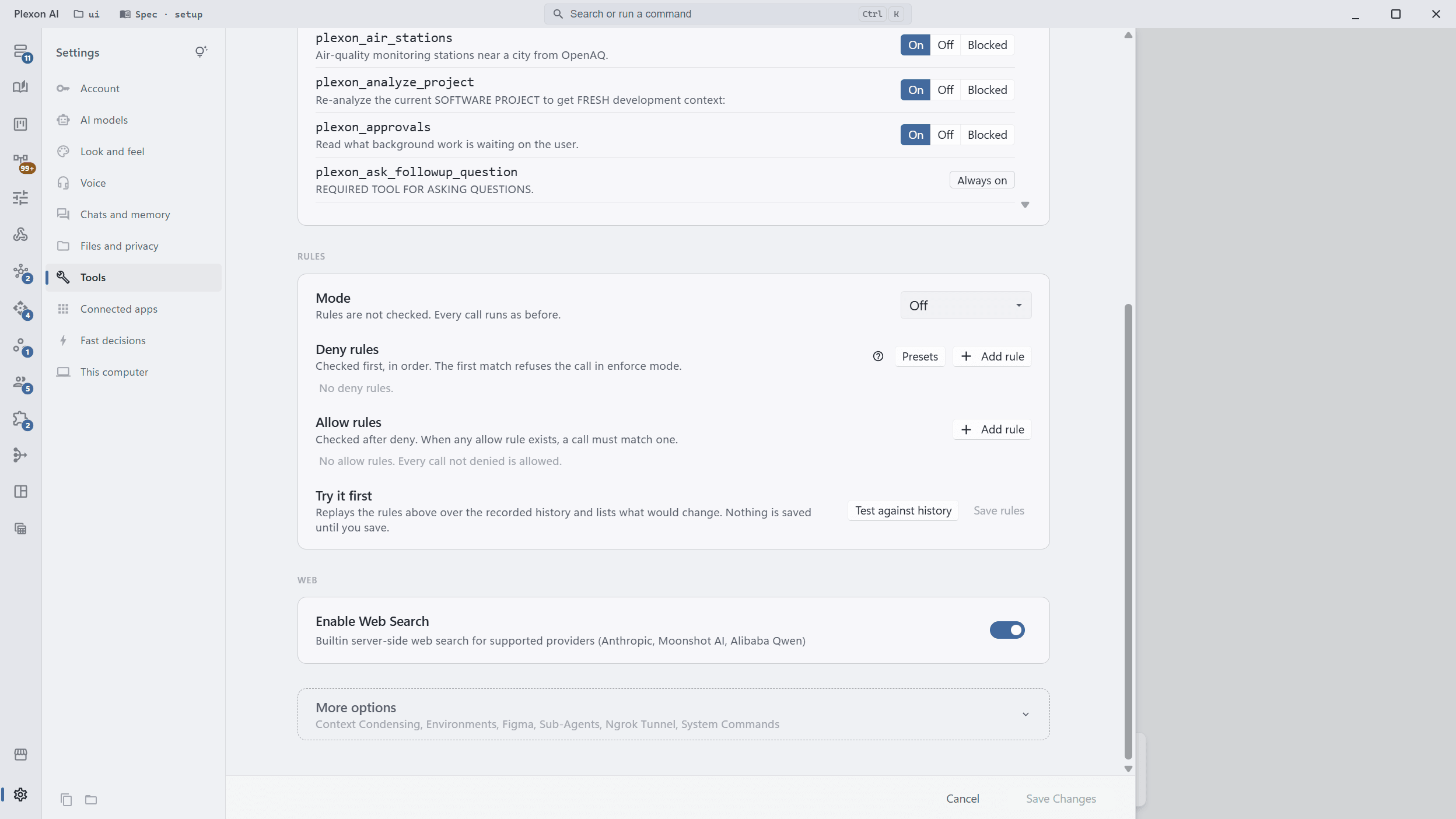 The Tools page in Settings ending in a closed More options row that lists what it holds: context condensing, environments, Figma, sub-agents, the ngrok tunnel and system commands.