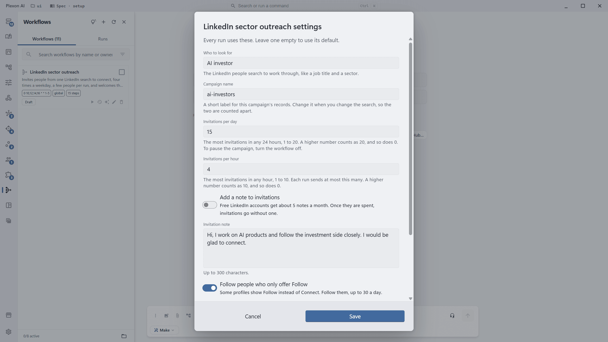 The settings dialog of the LinkedIn sector outreach workflow, open over the Workflows panel