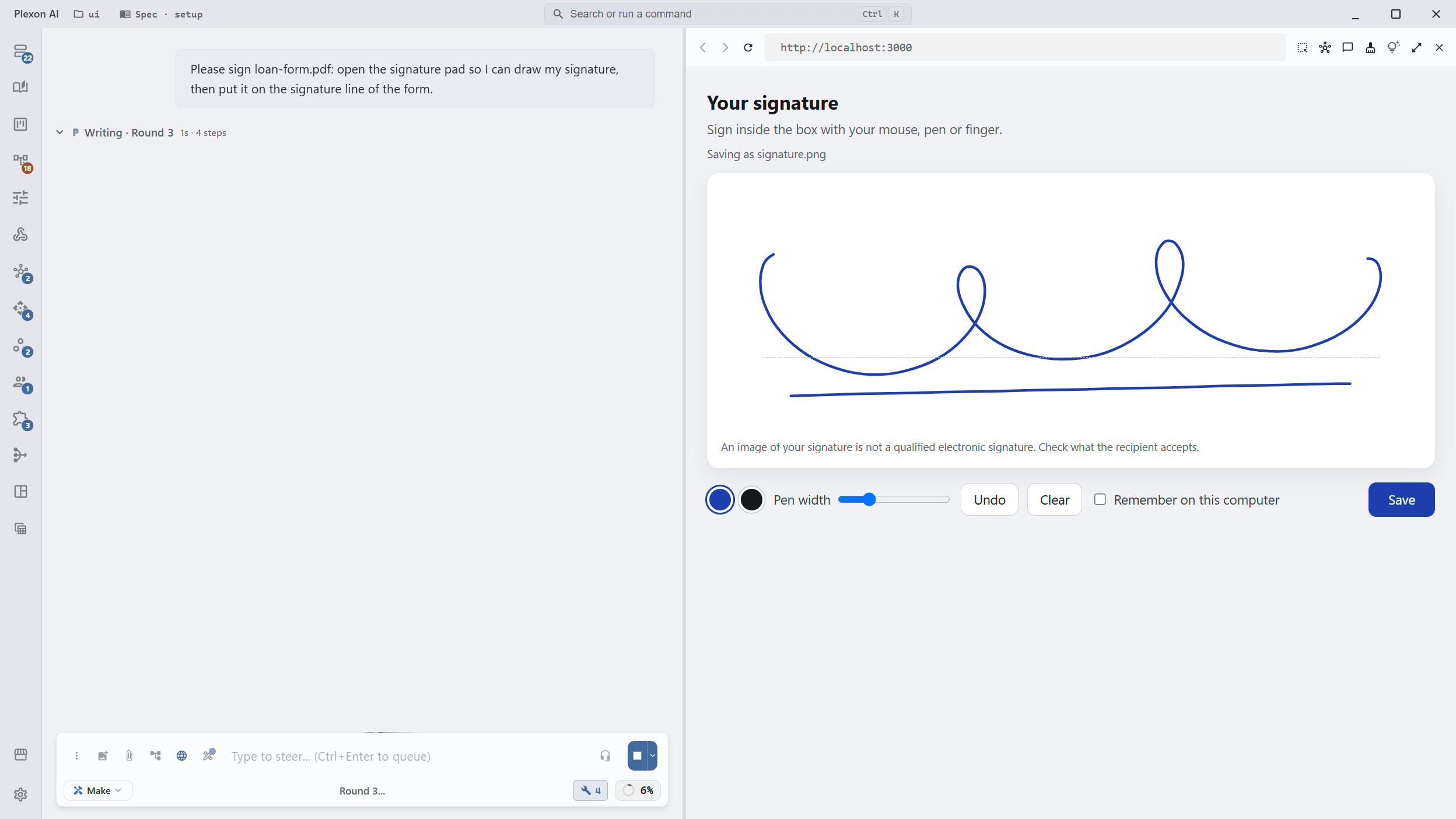 Plexon with the chat on the left, where the user asked to sign loan-form.pdf, and the signature pad open in the browser panel on the right: a white drawing area with a looping blue signature on a dotted baseline, pen colour swatches, a pen width slider, Undo, Clear and a Remember on this computer checkbox.