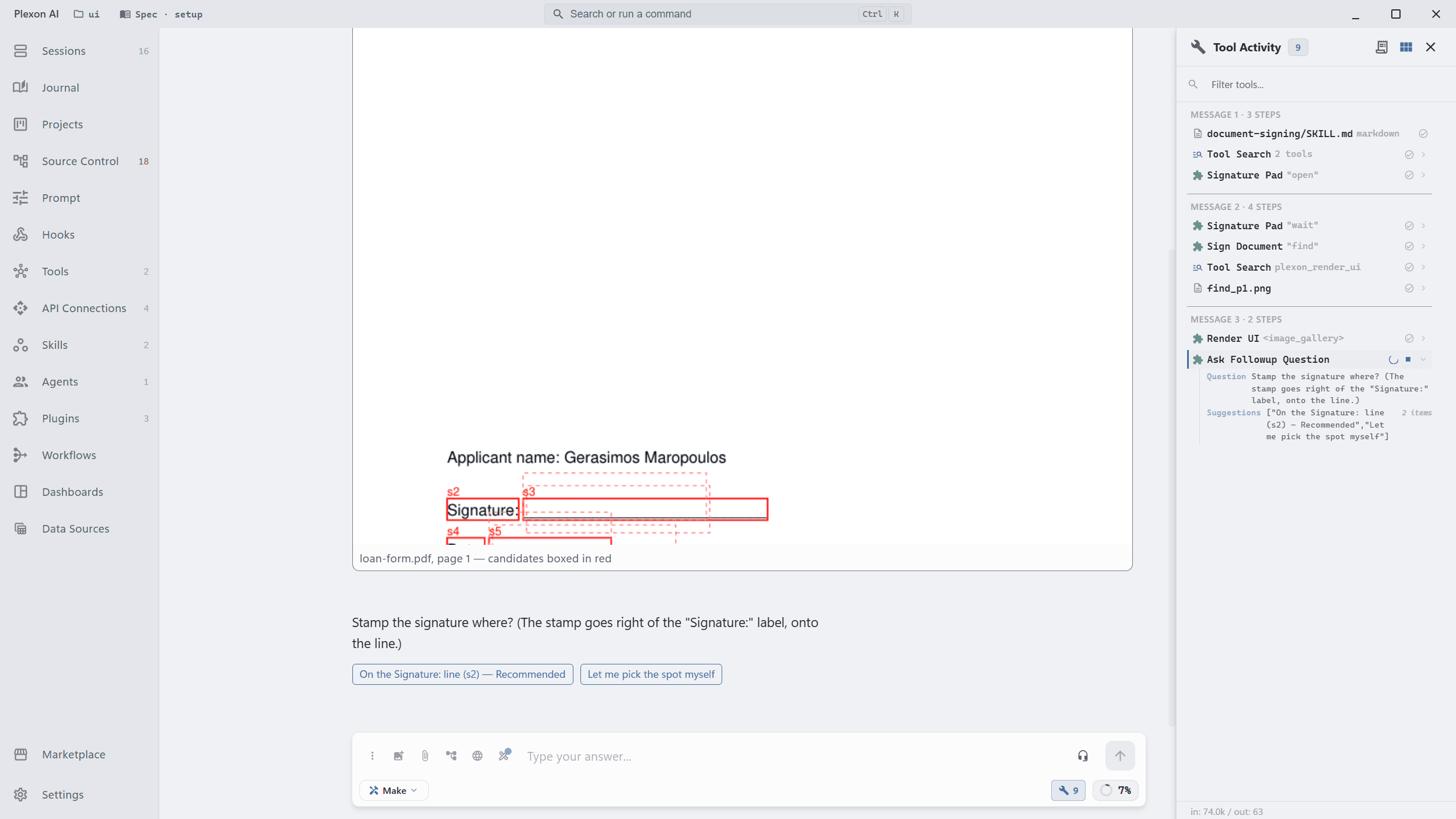 The chat shows a preview of the loan form with the candidate spots boxed in red and numbered s2 to s5 around the Signature and Date lines, then the question Where should I place your signature on loan-form.pdf with three answer buttons, the recommended one being the Signature line right of the label.