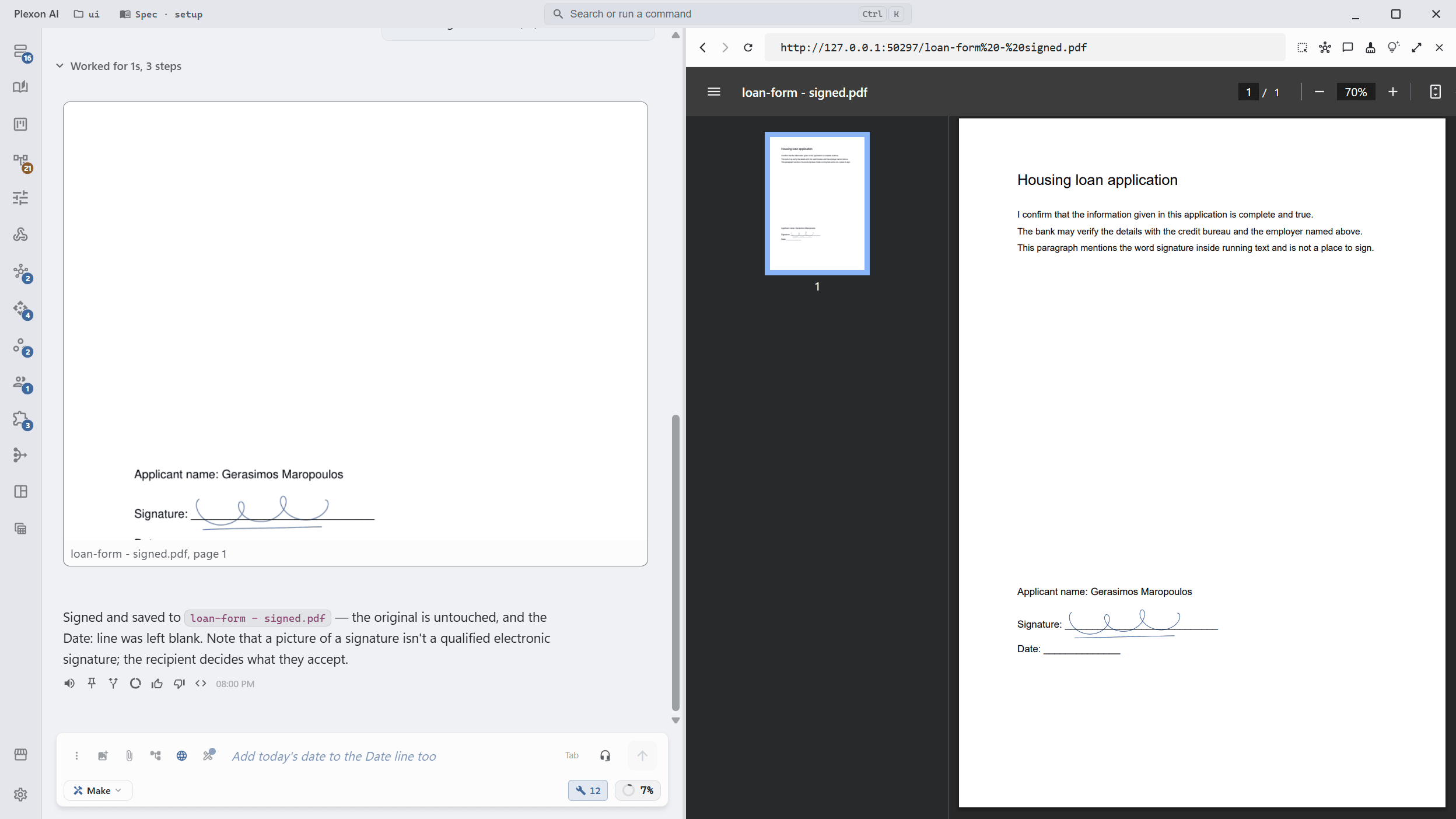 The chat after signing: a preview of page 1 of the signed copy with the signature sitting on the Signature line, and the reply saying the signed copy was saved as loan-form - signed.pdf with the original untouched.