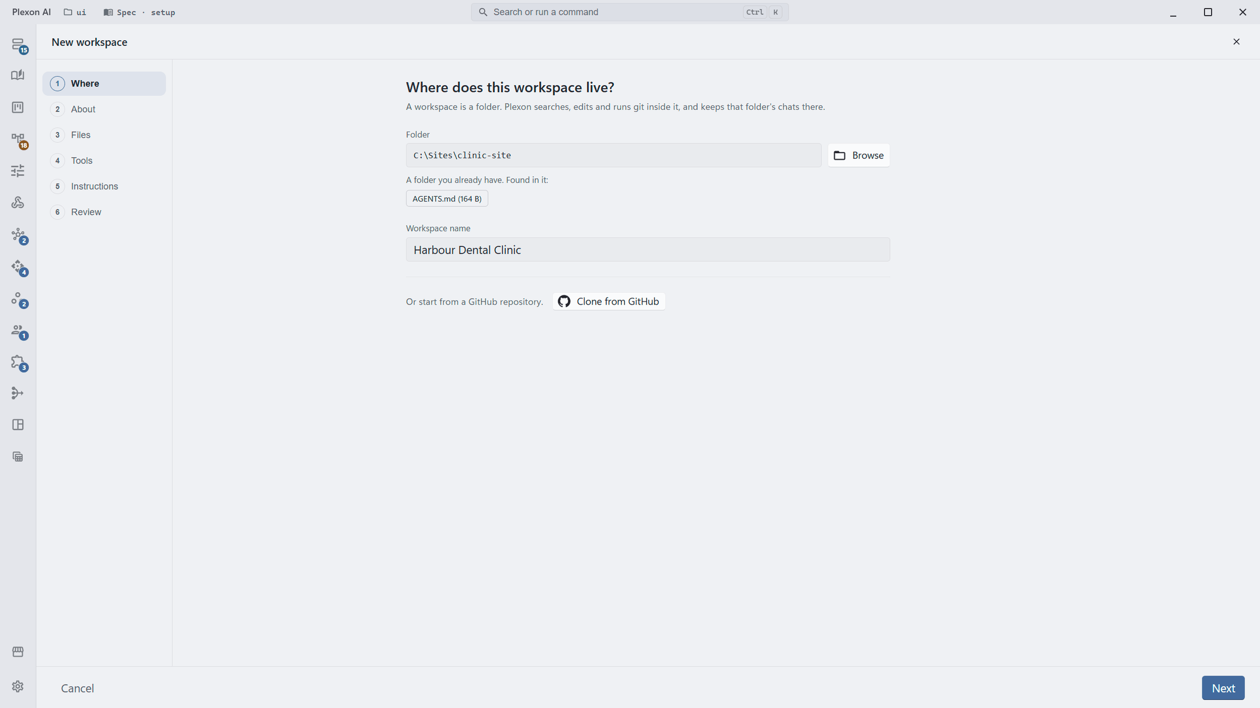 The Where step of the New workspace guide: a Folder field holding a typed path with a Browse button, the scan result A folder you already have, Found in it: AGENTS.md, a Workspace name field reading Harbour Dental Clinic, and a Clone from GitHub button.