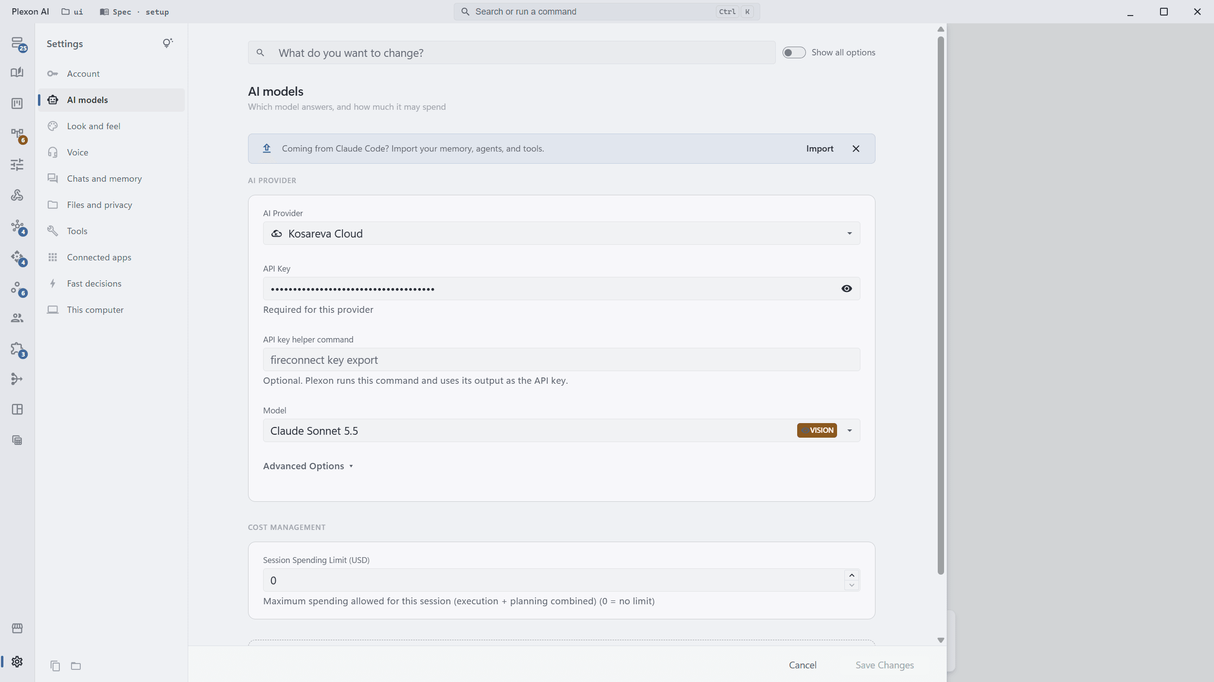 Settings, AI models in Plexon with Kosareva Cloud selected as the provider, an API key pasted, and Claude Sonnet 5.5 chosen as the model