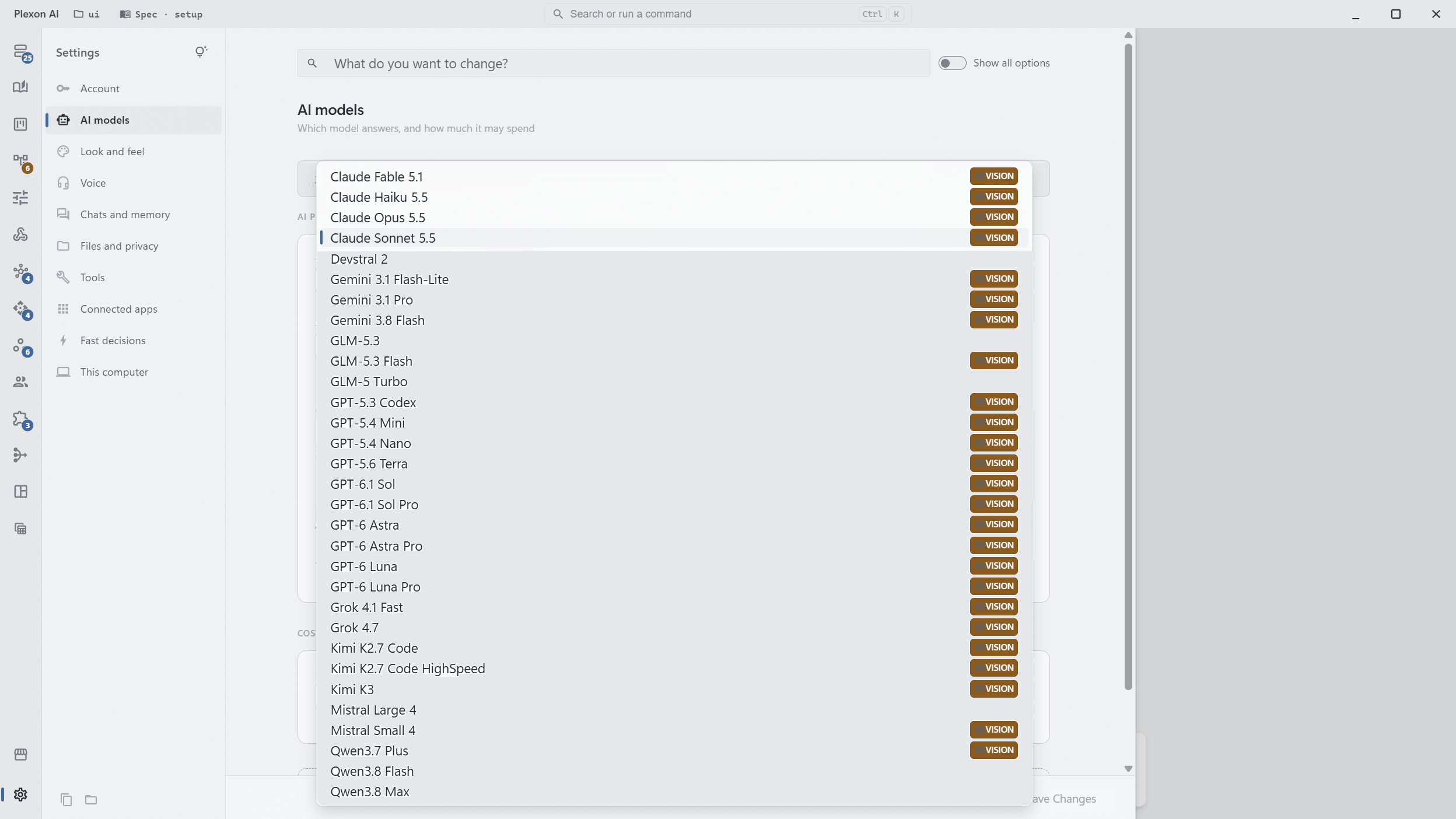 The model picker in Plexon listing the Kosareva Cloud models grouped by vendor, with context windows and approximate dollar rates per million tokens