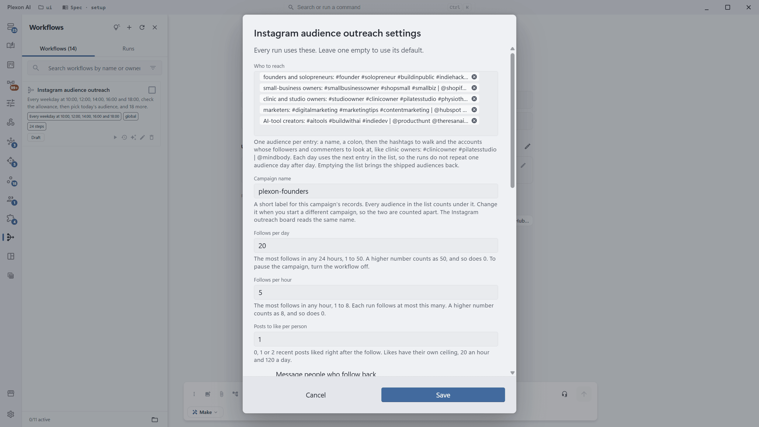 The settings dialog of the Instagram audience outreach workflow, open over the Workflows panel