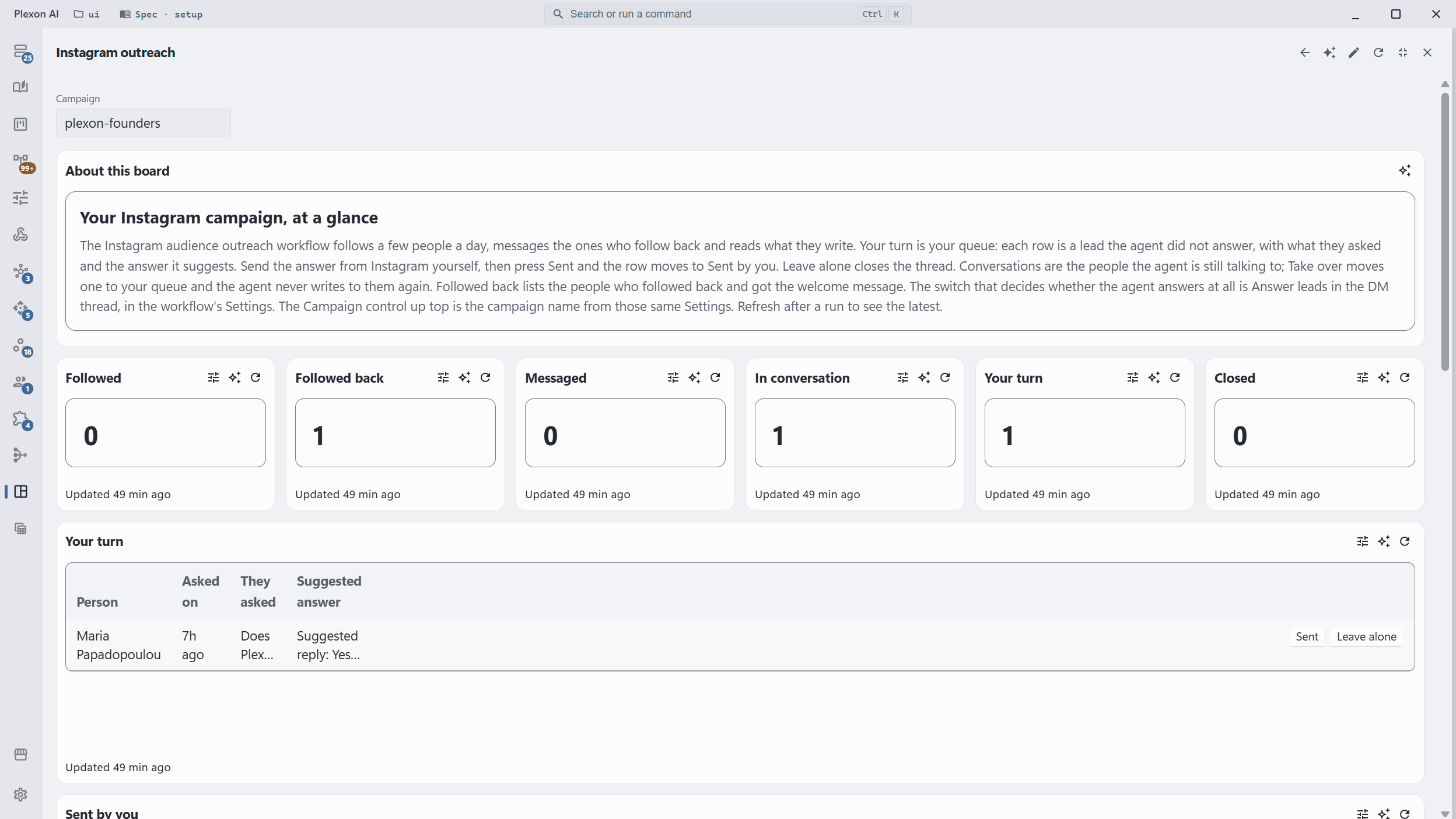 The Instagram outreach board: a Your turn table of leads with what each asked, the answer the agent suggests and Sent and Leave alone buttons, a Conversations table with the last message from each side and a Take over button, and a list of people who followed back but have not been messaged yet.