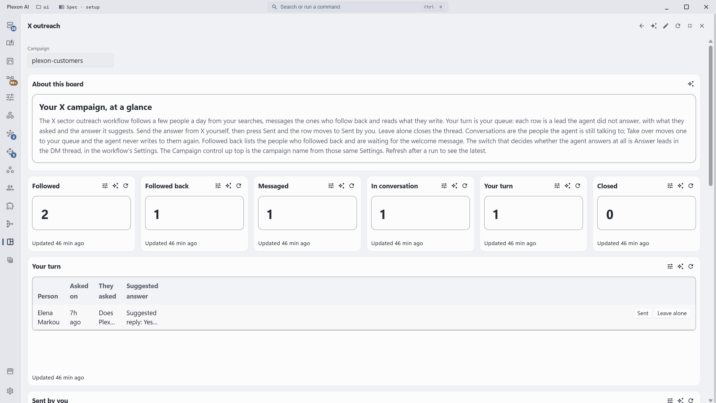 The X outreach board: count tiles for followed, followed back, messaged, in conversation, your turn and closed, and a Your turn table with a lead, what they asked, the answer the agent suggests and Sent and Leave alone buttons. The rows are sample data.