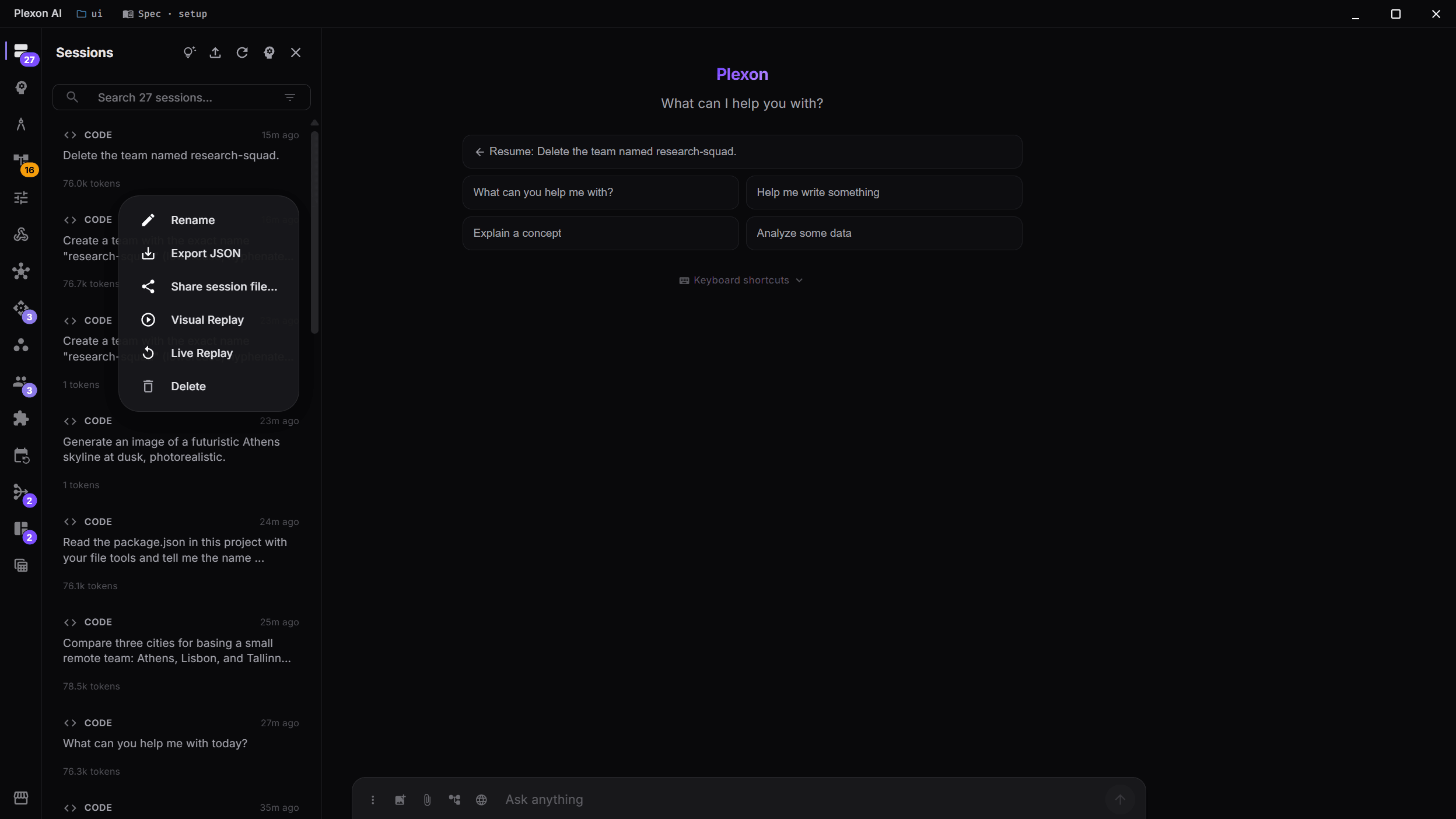 A session right-click menu with Visual Replay and Live Replay options