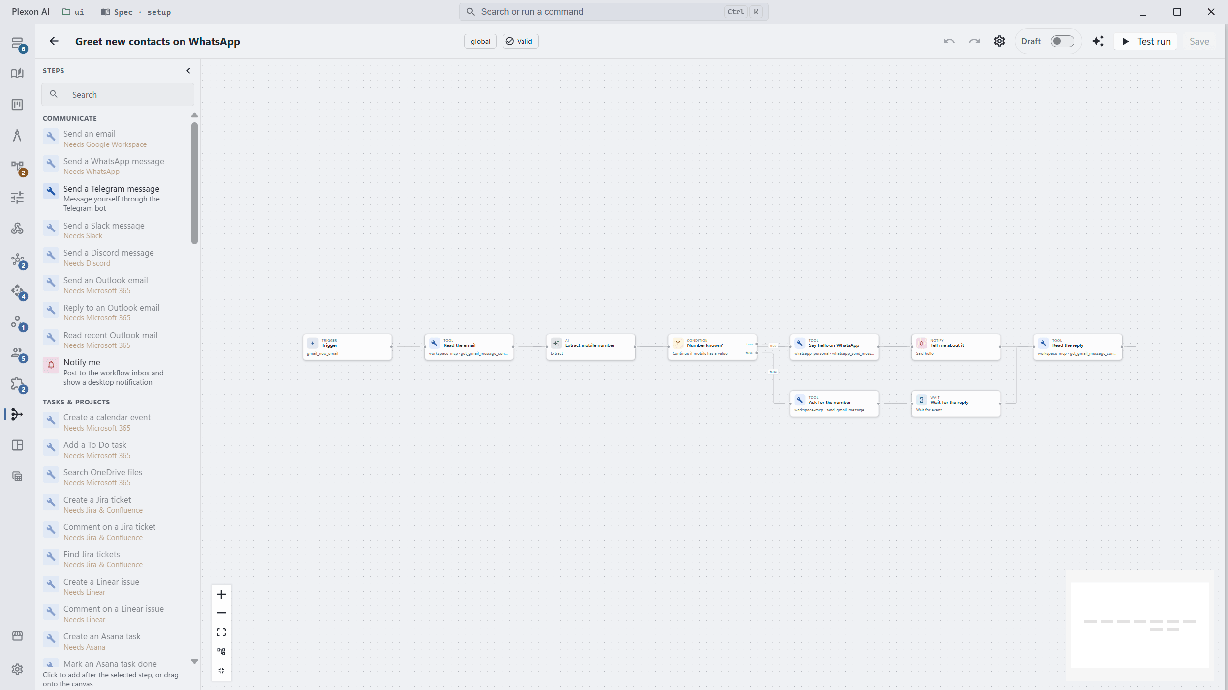 The Plexon app showing a workflow on the canvas: a new-email trigger, a step that reads the message, a step that pulls the mobile number out, a branch, and a WhatsApp reply.