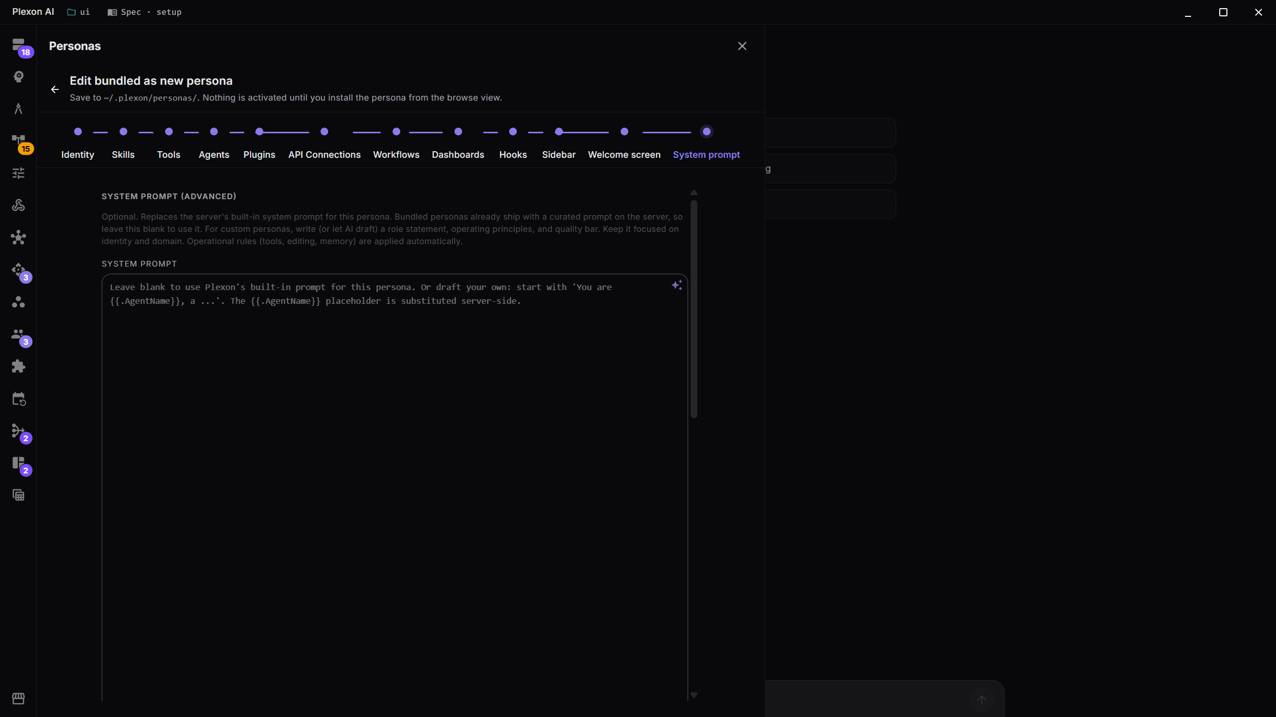 The persona wizard open on the System Prompt step