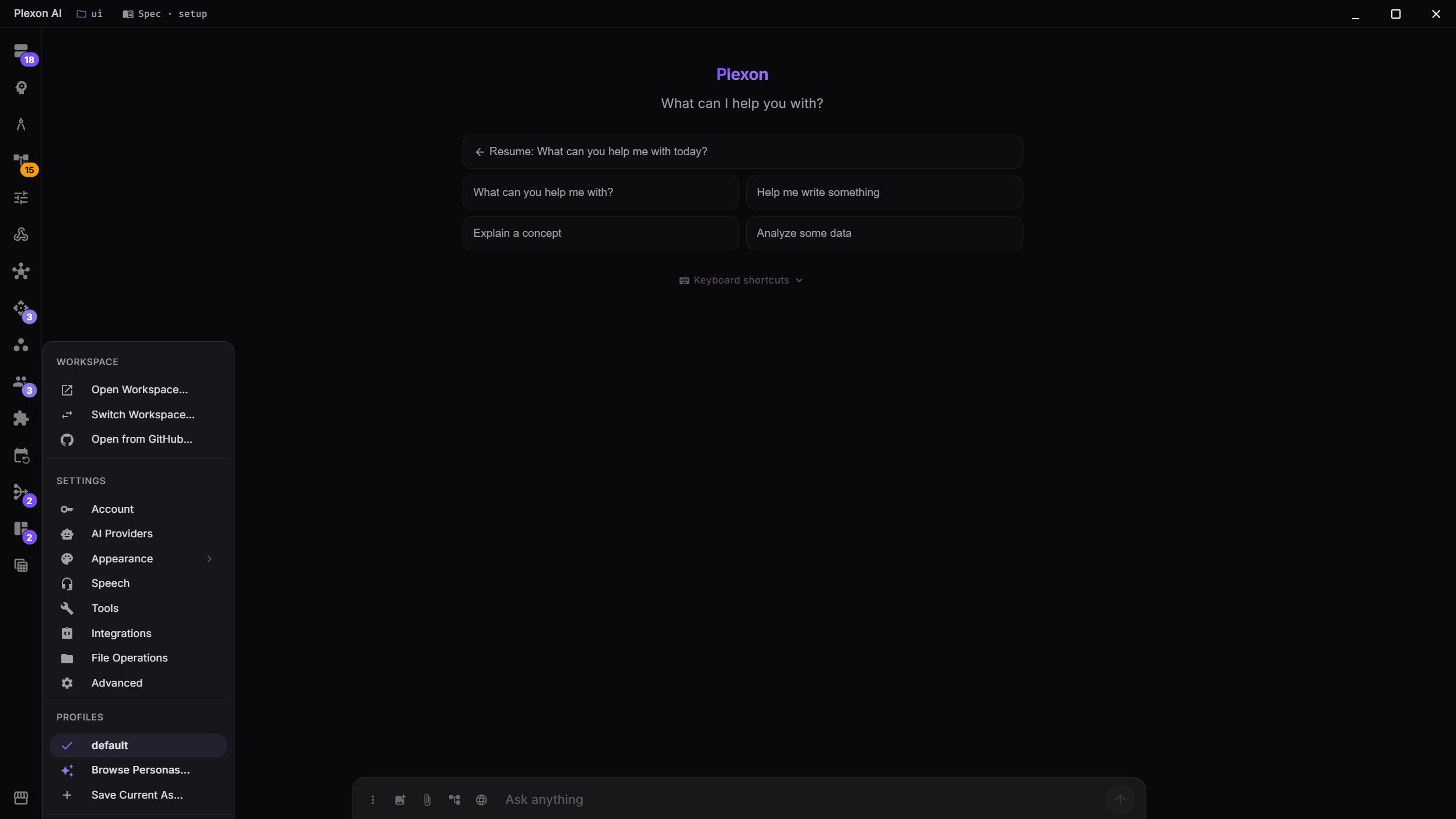 The settings gear menu open with the profile list