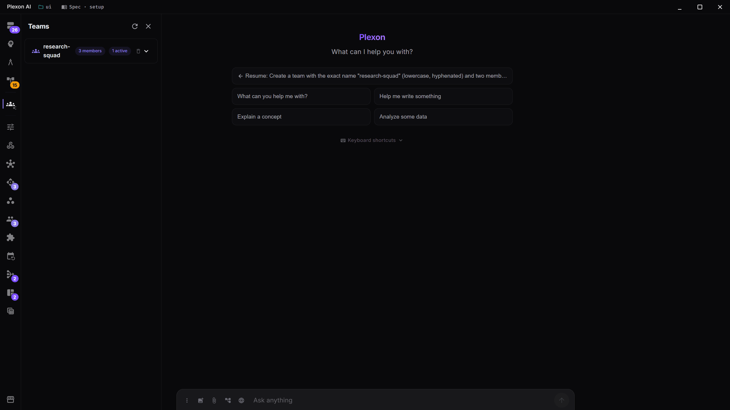 The Teams panel showing an active team and its members