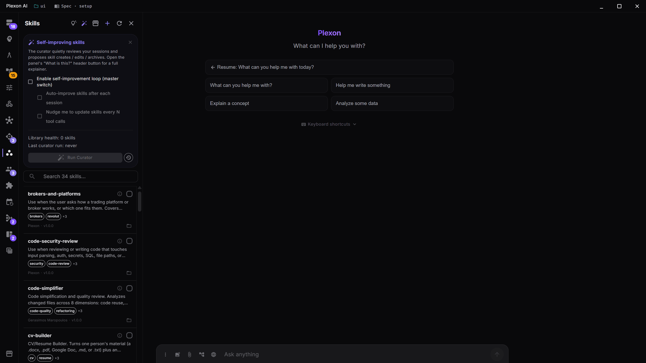 The Skills sidebar with the self-improving skills settings card open