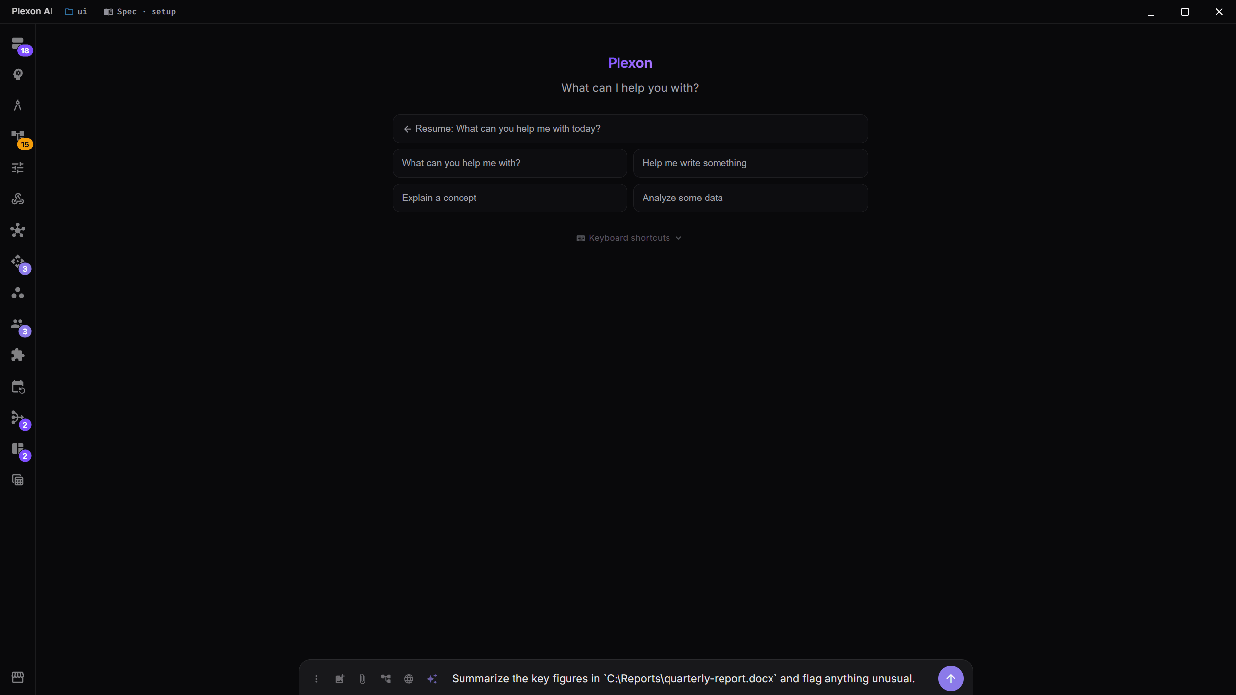 A chat with a question typed about a document by its file path