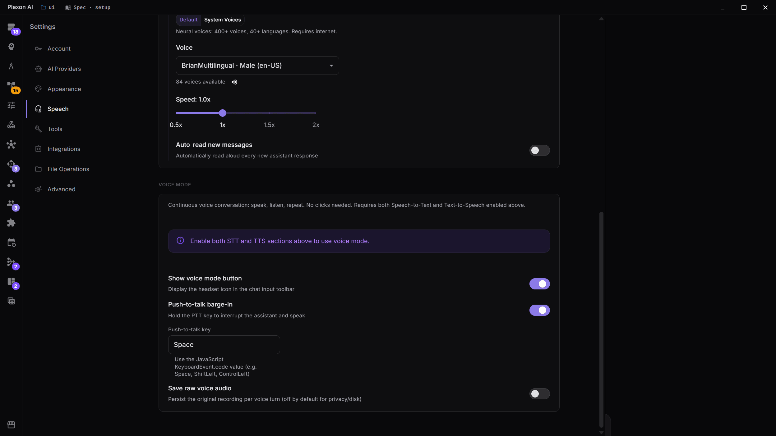 Voice Mode settings on the Speech tab