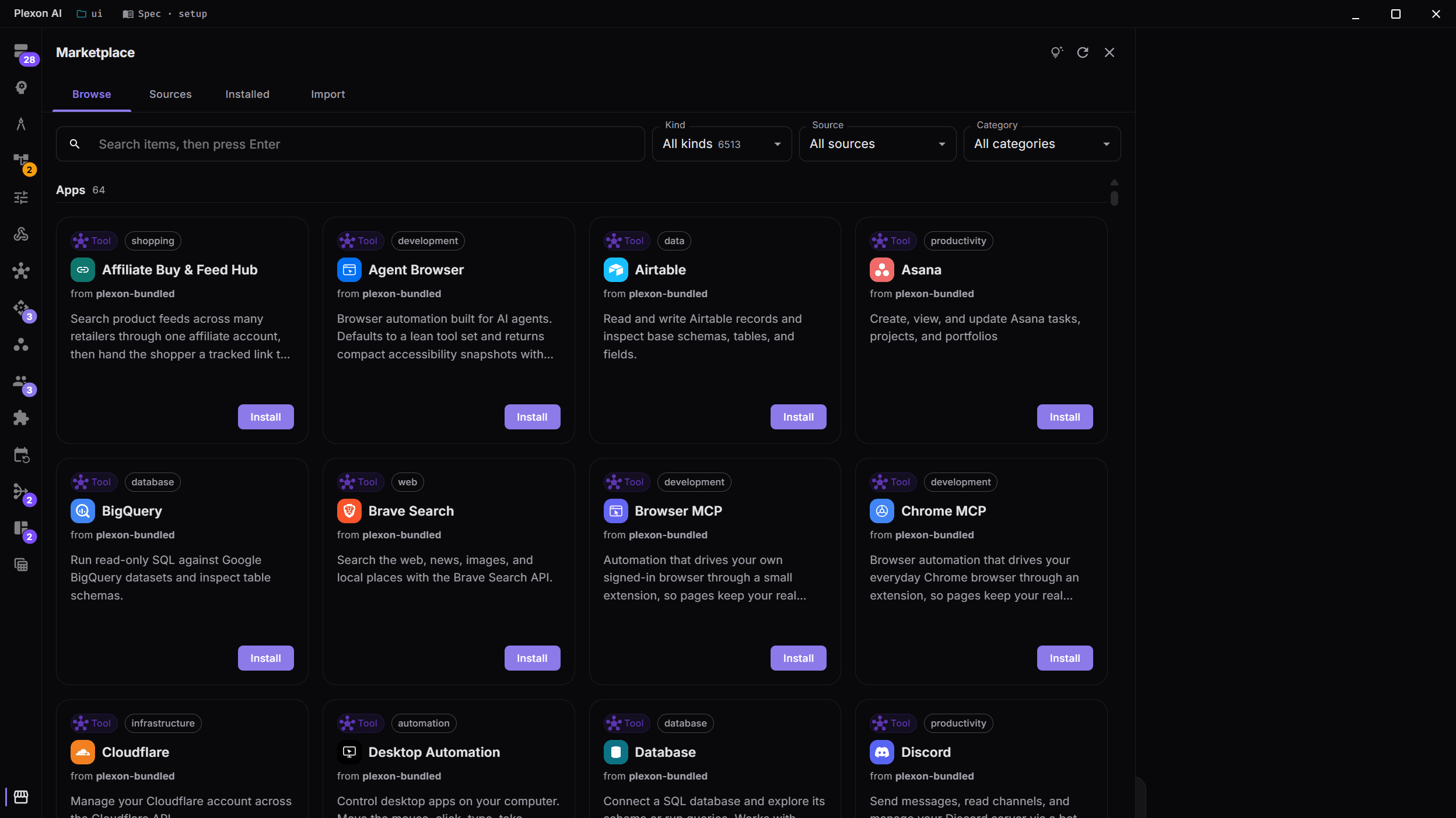 The unified Marketplace Browse tab: one grid across every source, spanning 6,500+ skills, agents, plugins, personas, and tools