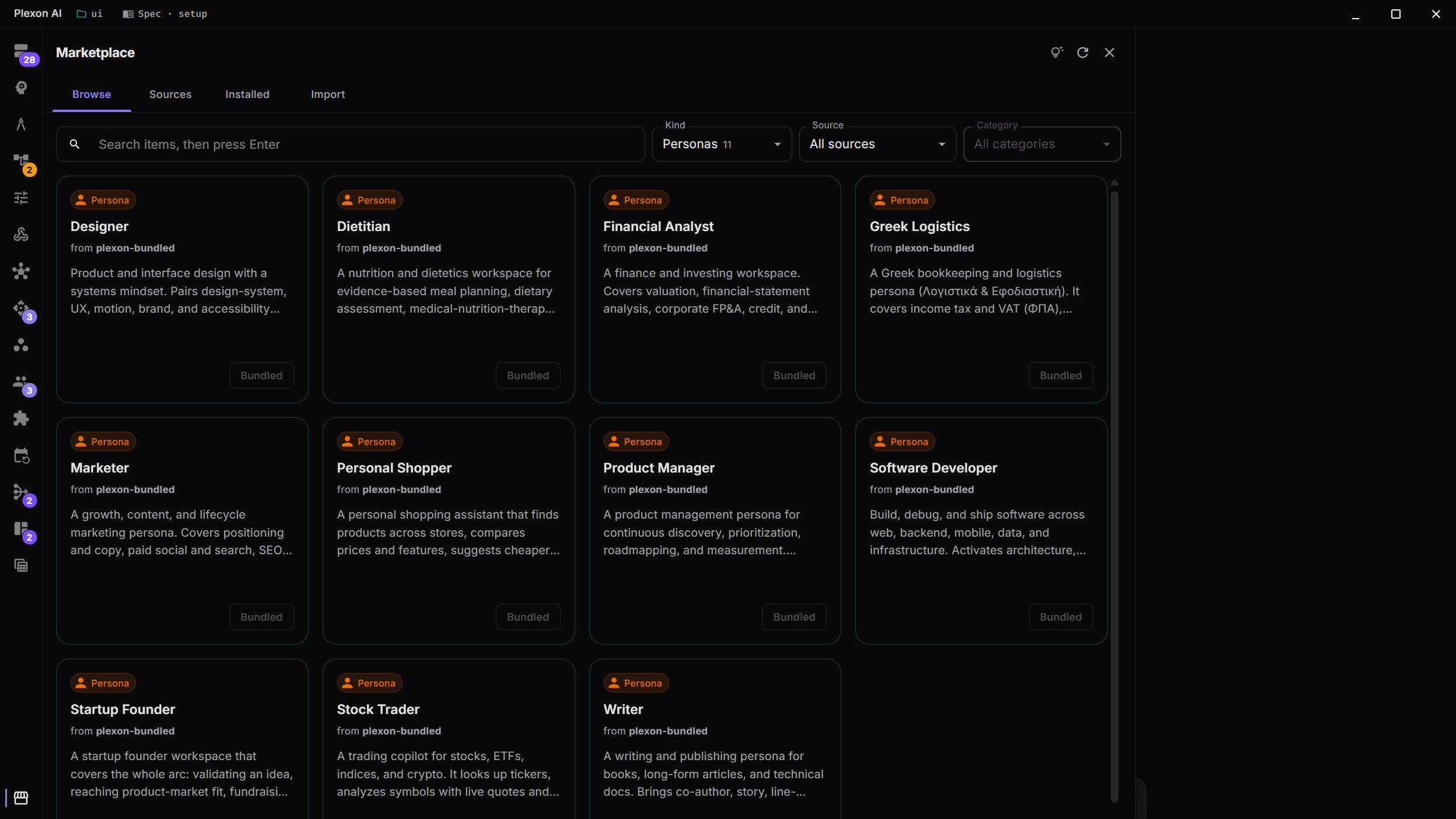 The Marketplace Browse grid filtered to Personas