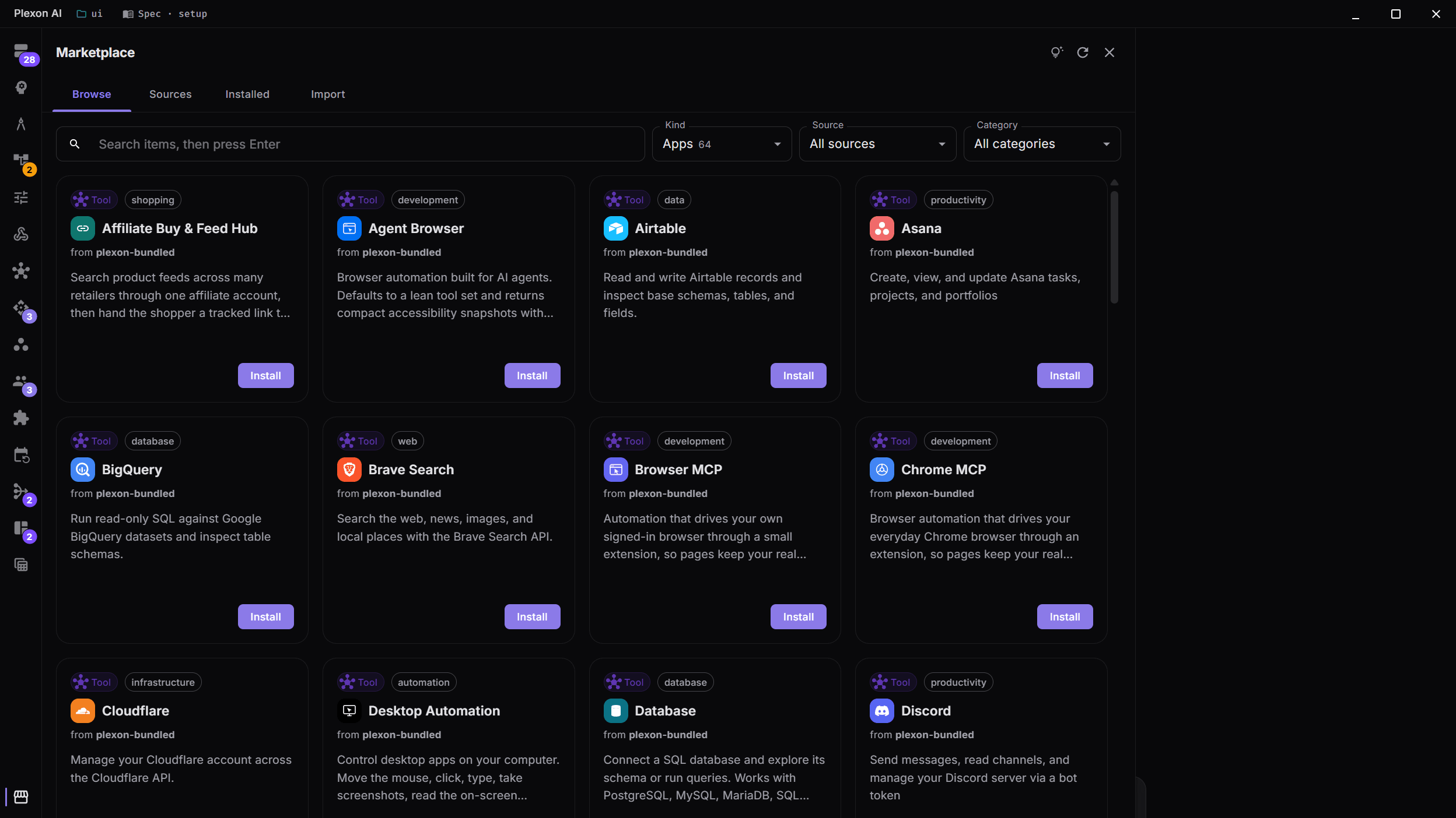 The Marketplace filtered to Apps: one-click connectors for Airtable, Asana, Discord, and dozens more, each turned on with your own account