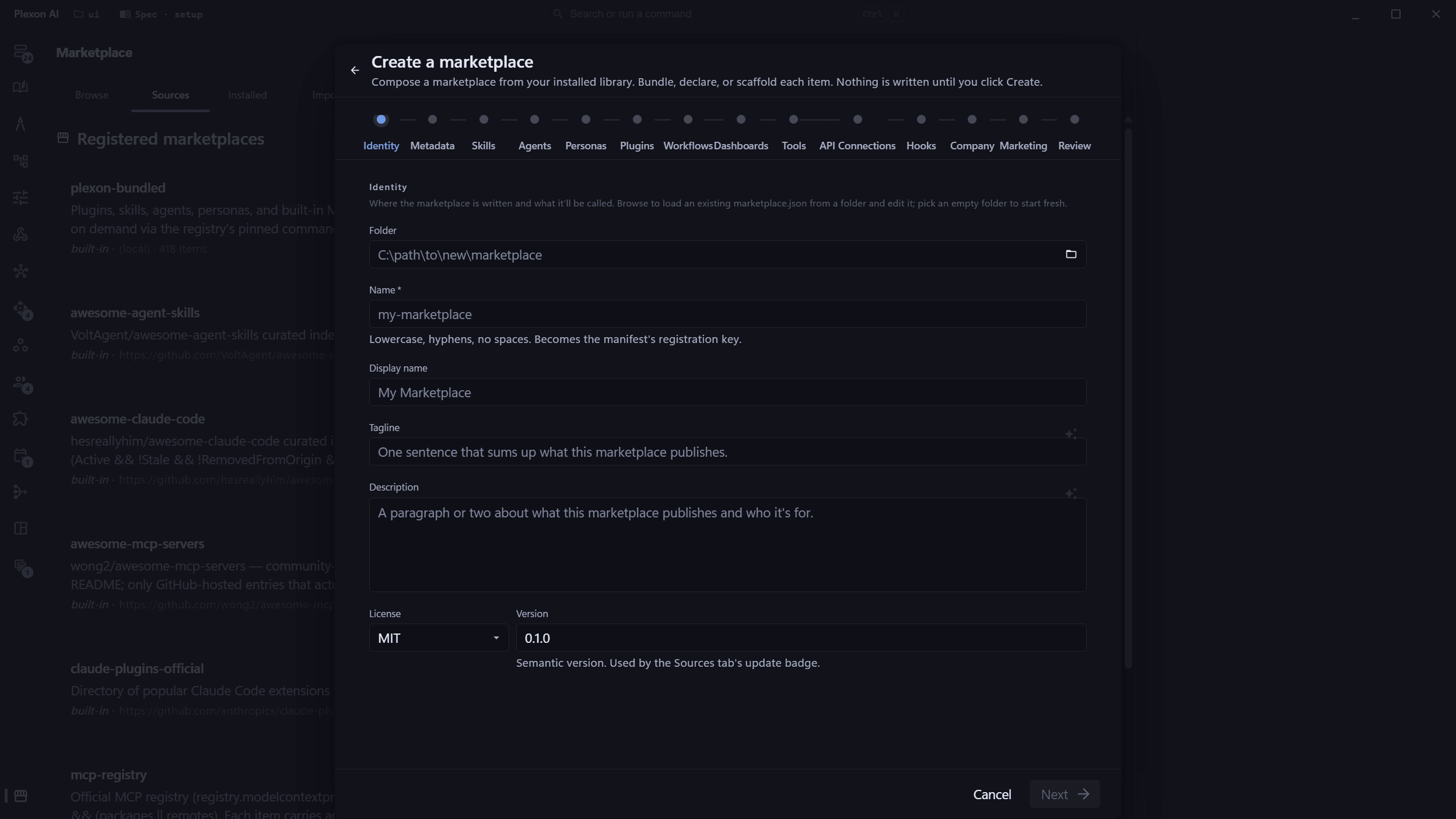The Create a marketplace wizard open on the Identity step, with the full step rail: Skills, Agents, Personas, Plugins, Workflows, Dashboards, Tools, and more