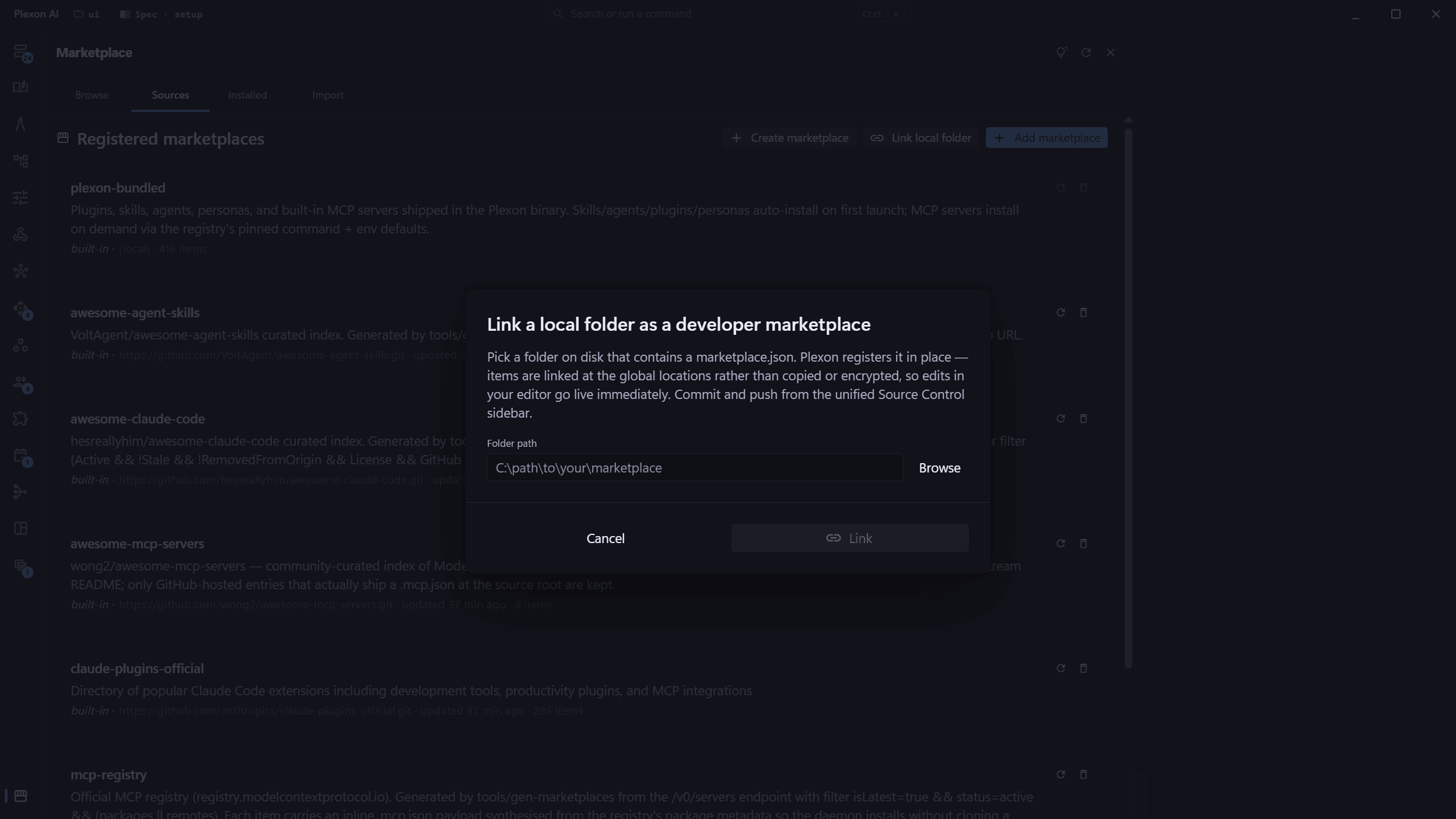 The Link a local folder dialog: point Plexon at a folder that already holds a marketplace.json and it registers the marketplace in place, no copying