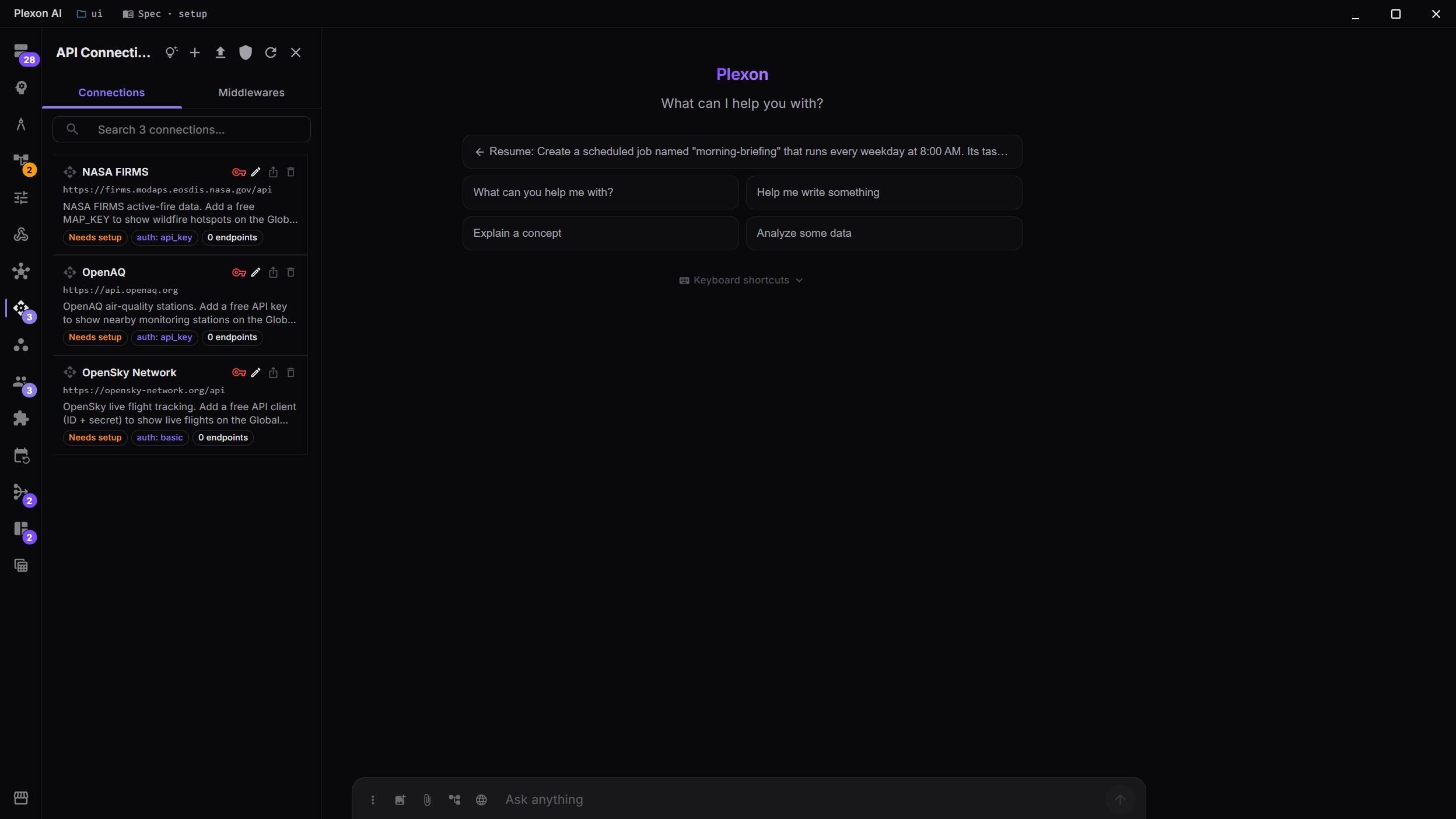 The API Connections panel: bring any REST API in with a base URL and auth, like NASA FIRMS, OpenAQ, and OpenSky here, then call it from chat